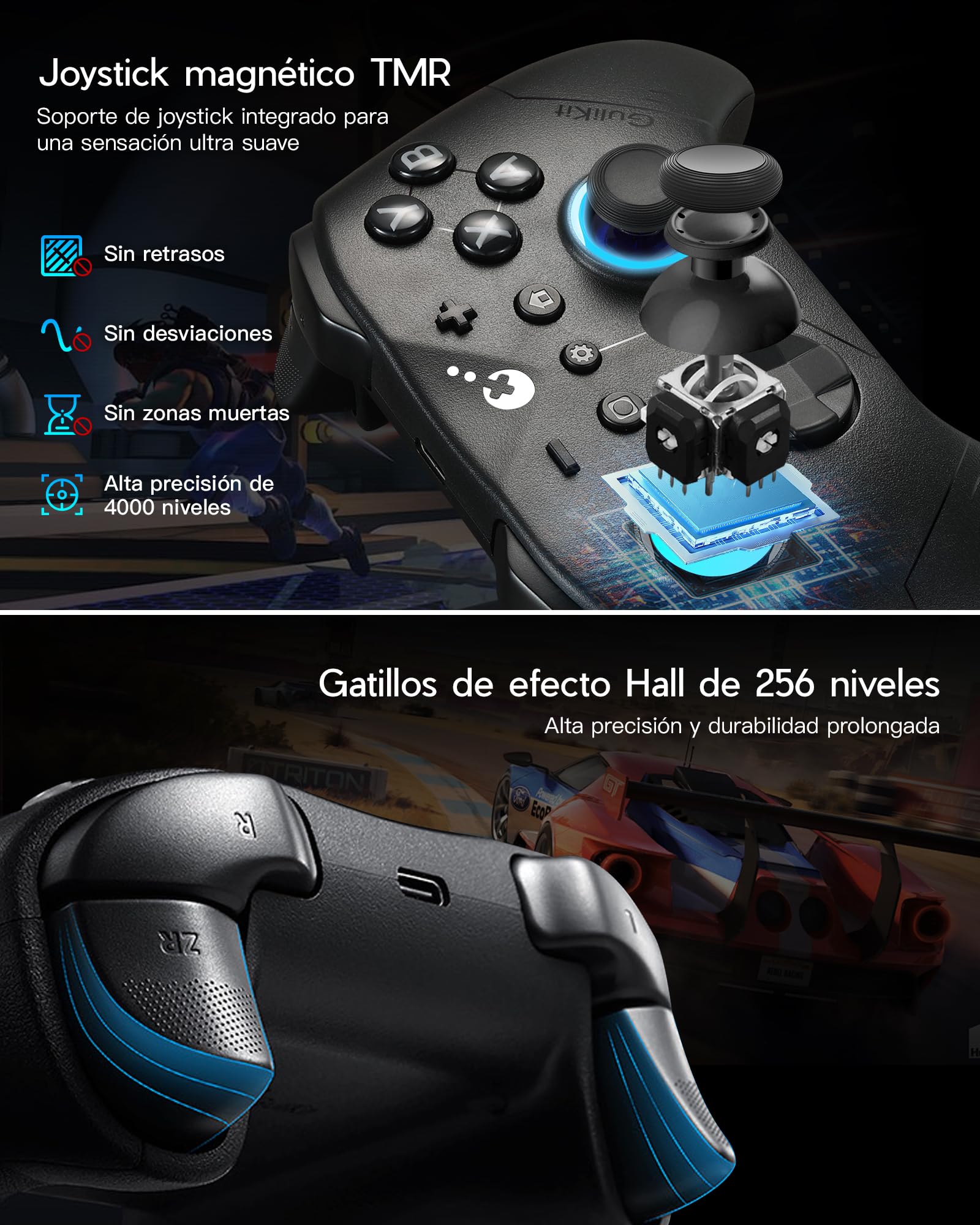 LONGYI GuliKit ES PRO Mando Inalámbrico para PC Switch 1/2 Android, el Mando más Rápido con una Latencia de 3,25 ms, Joysticks TMR, 30 Horas de Duración de la Batería y Función de Activación (Negro)