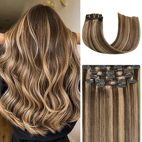 Miniatura 42 de Honsoo Extensiones de cabello humano real de color marrón con pinzas, marrón castaño, 15 pulgadas, 70 g, 7 unidades, cabello lacio sedoso y marrón