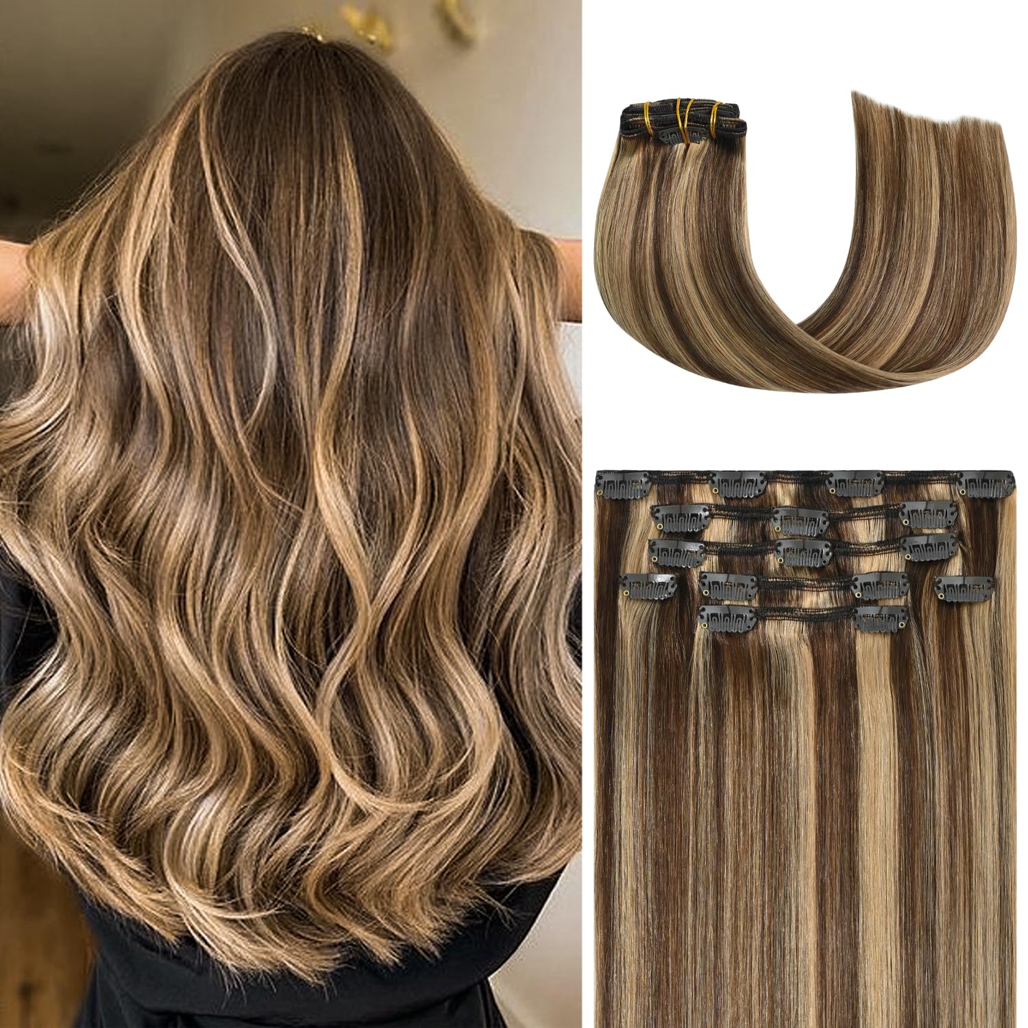 Honsoo Chocolate Brown To Caramel Blonde Clip In Hair Extensions Real Human Hair 18in Long Soft 70g 7pcs Natural Human Hair Extensions