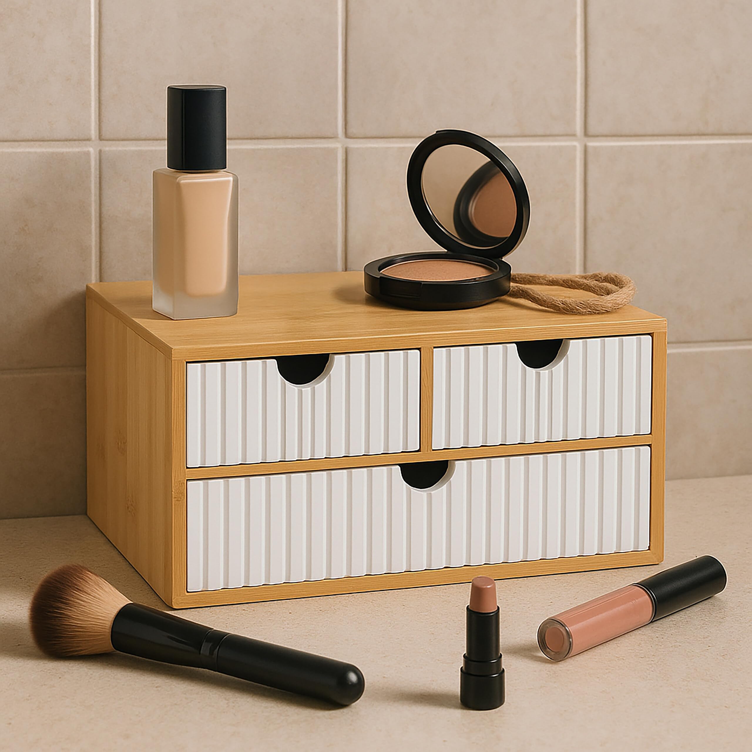 Caja de cajones Relaxdays, bambú y MDF, 3 cajones, H x A x F: 15 x 30 x 20 cm, Organizador de Escritorio, Blanco/Rosa