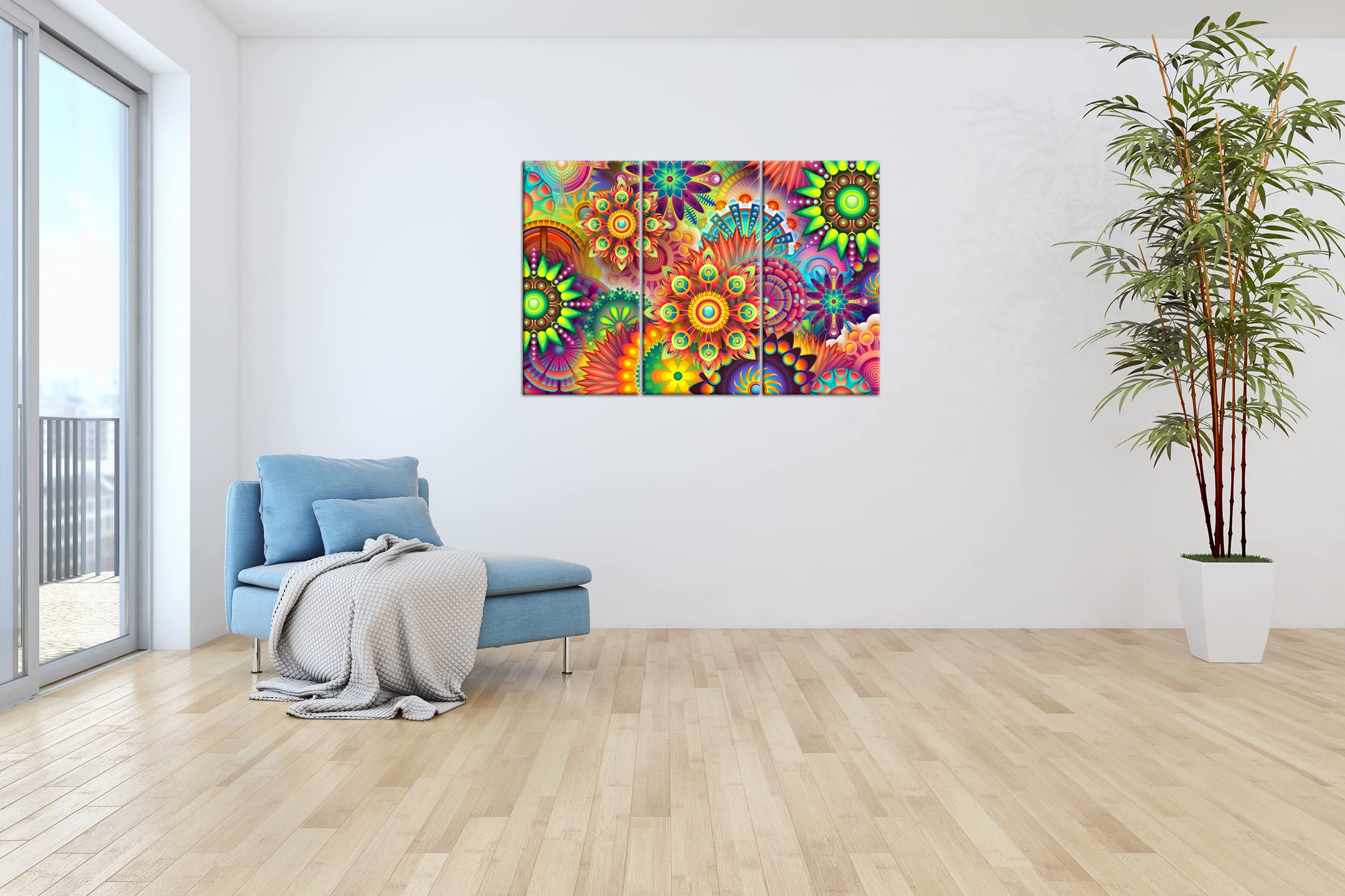 Mandala joyeux et coloré - Format : 3 pièces - Impression numérique de qualité supérieure - Pas d'affiche ou d'affiche.