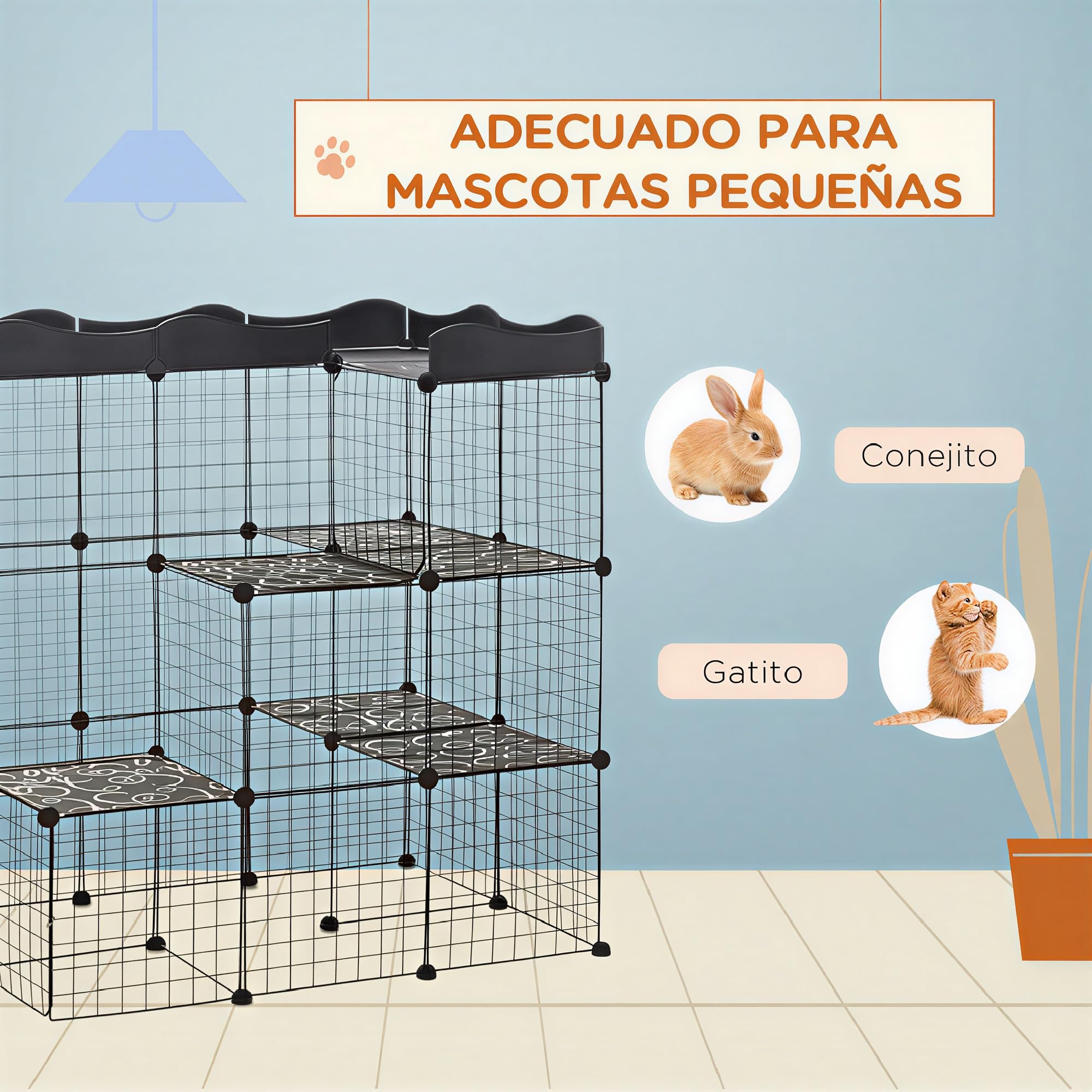 PawHut Jaula para Animales Pequeños 40 Paneles DIY 105x70x116 cm Negro | Parque para Mascotas, Valla Metálica, para Conejos Cobayas Gatito