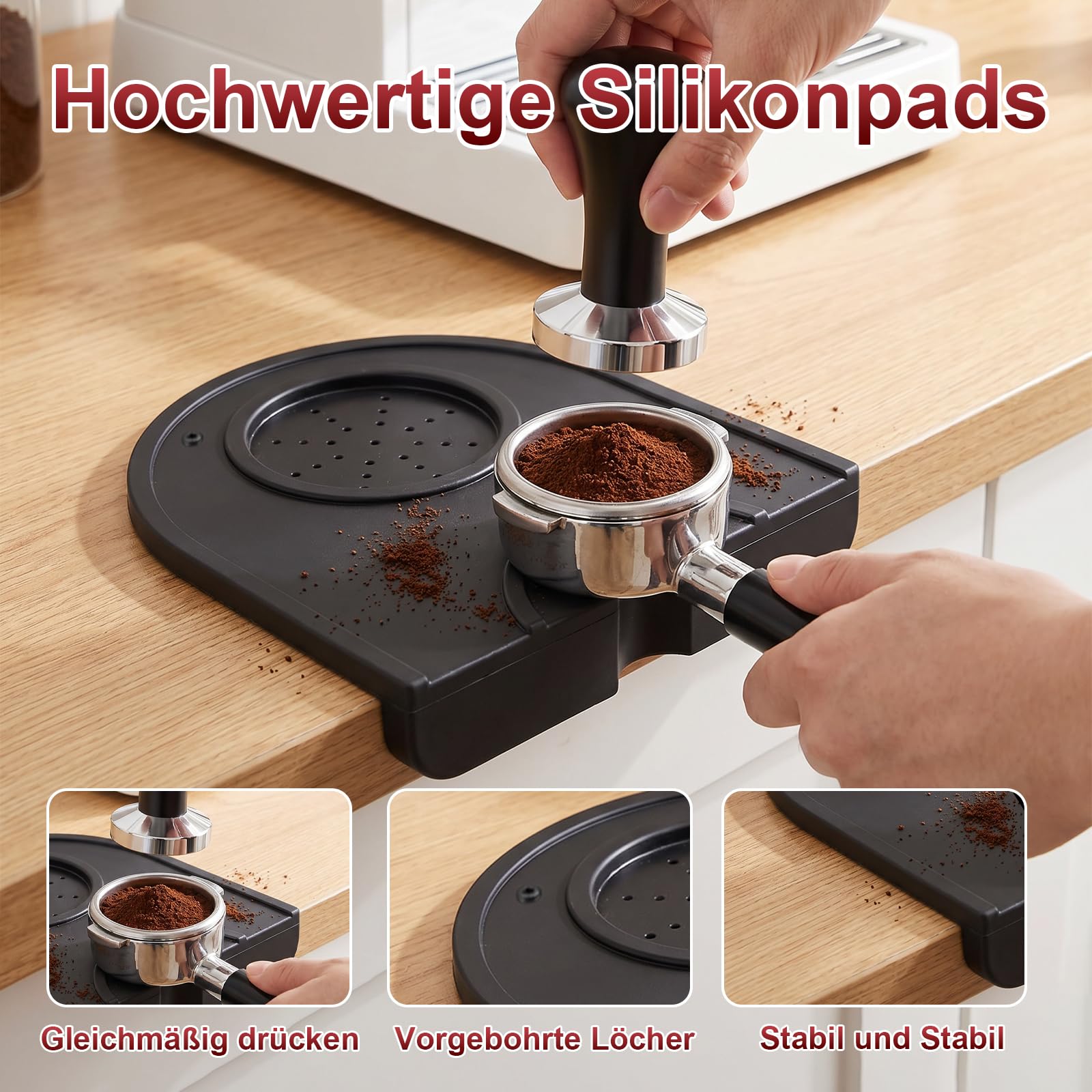 Abklopfbehälter für Siebträger Set, 6PCS Kaffeesatz Abschlagbehälter mit Tampermatte, Kaffeestampfer, Nadel, Reinigungsbürste, Tuch, Groß Knock Box mit Abnehmbarer Metall-Klopfstange Schwarz