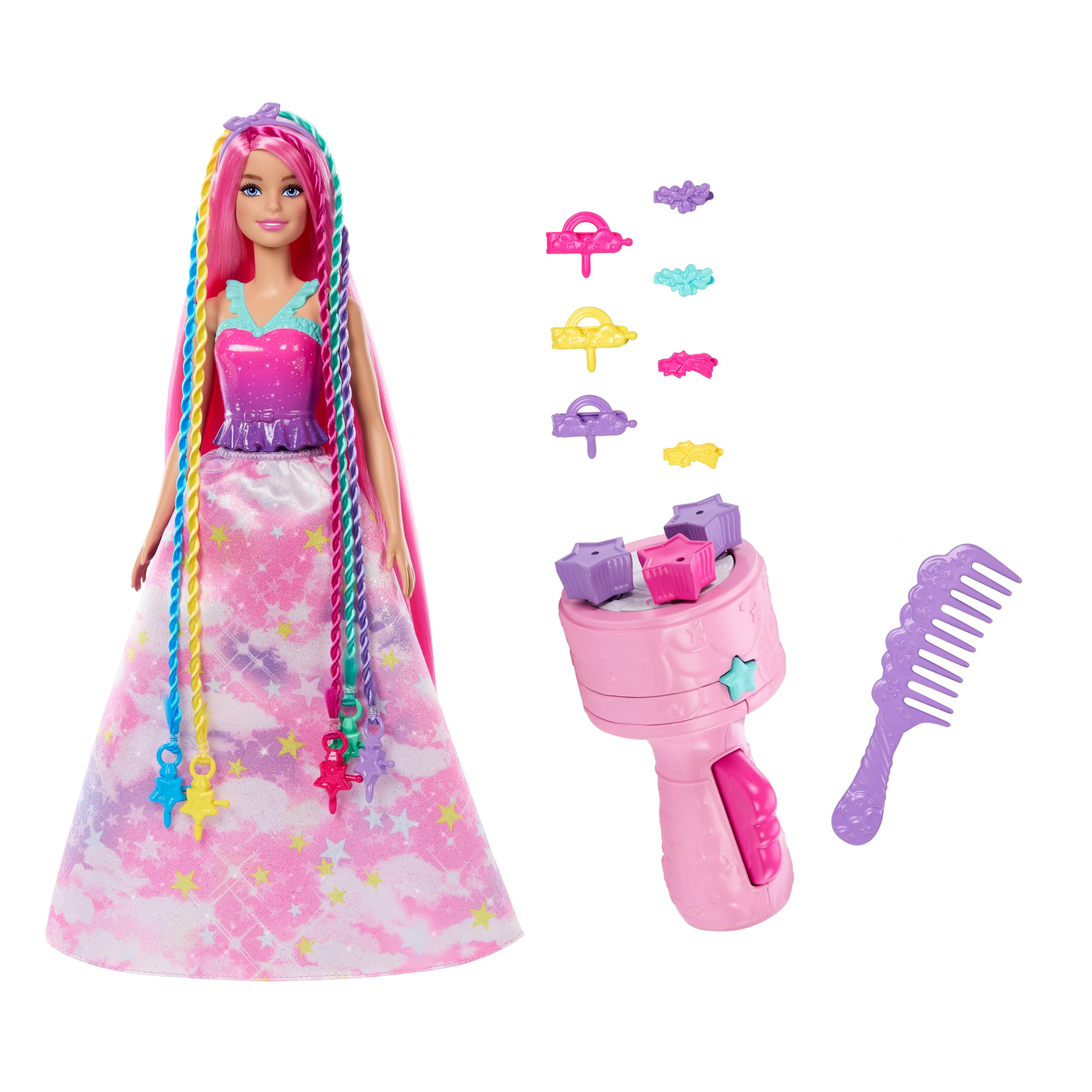 Barbie® Dreamtopia Princesse Tresses Magiques Coffret avec poupée Barbie, appareil à tresses, extensions de cheveux arc-en-ciel et accessoires, JCW55