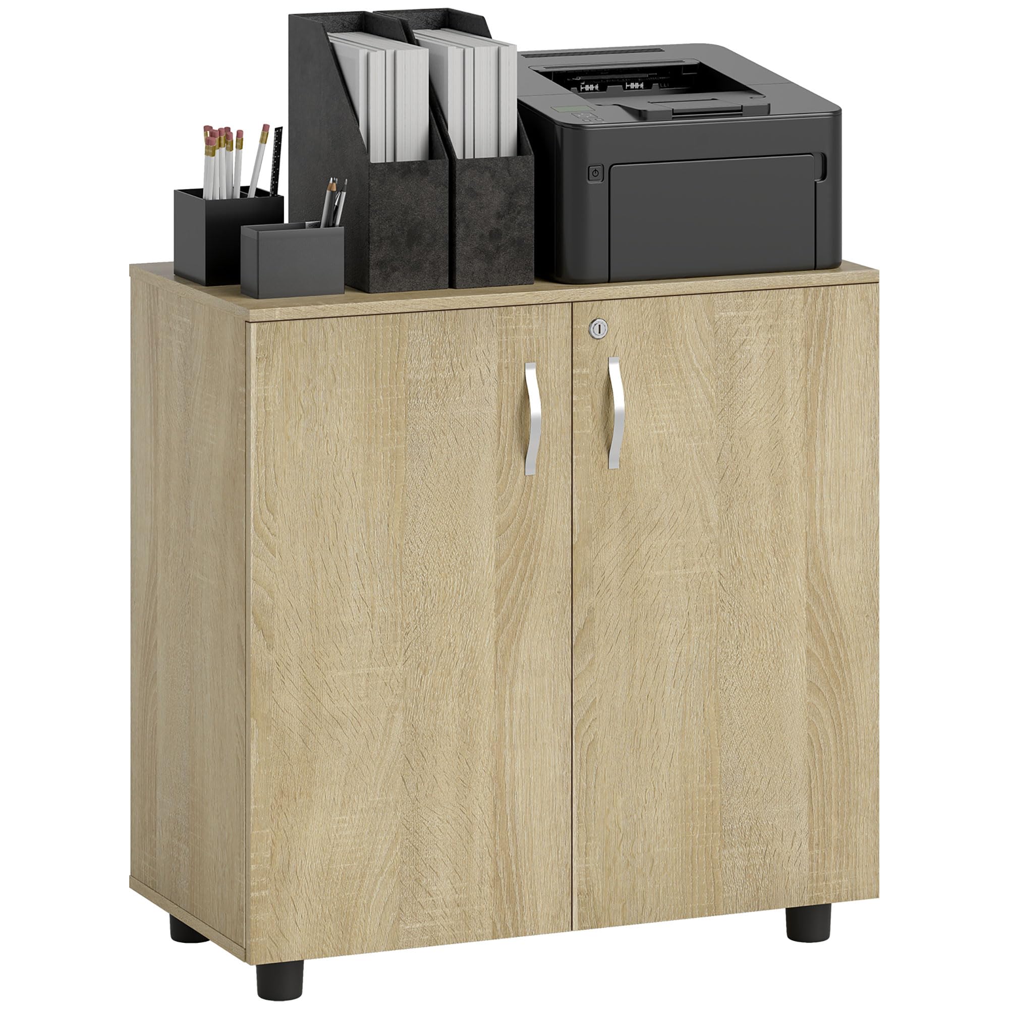 Vinsetto Armadietto per Documenti con Serratura, Armadio da Ufficio con 2 Ante e 2 Ripiani, Mobiletto Multiuso Portaoggetti con Maniglia in Lega di Alluminio, per Casa Ufficio, 80x40x80 cm, Rovere