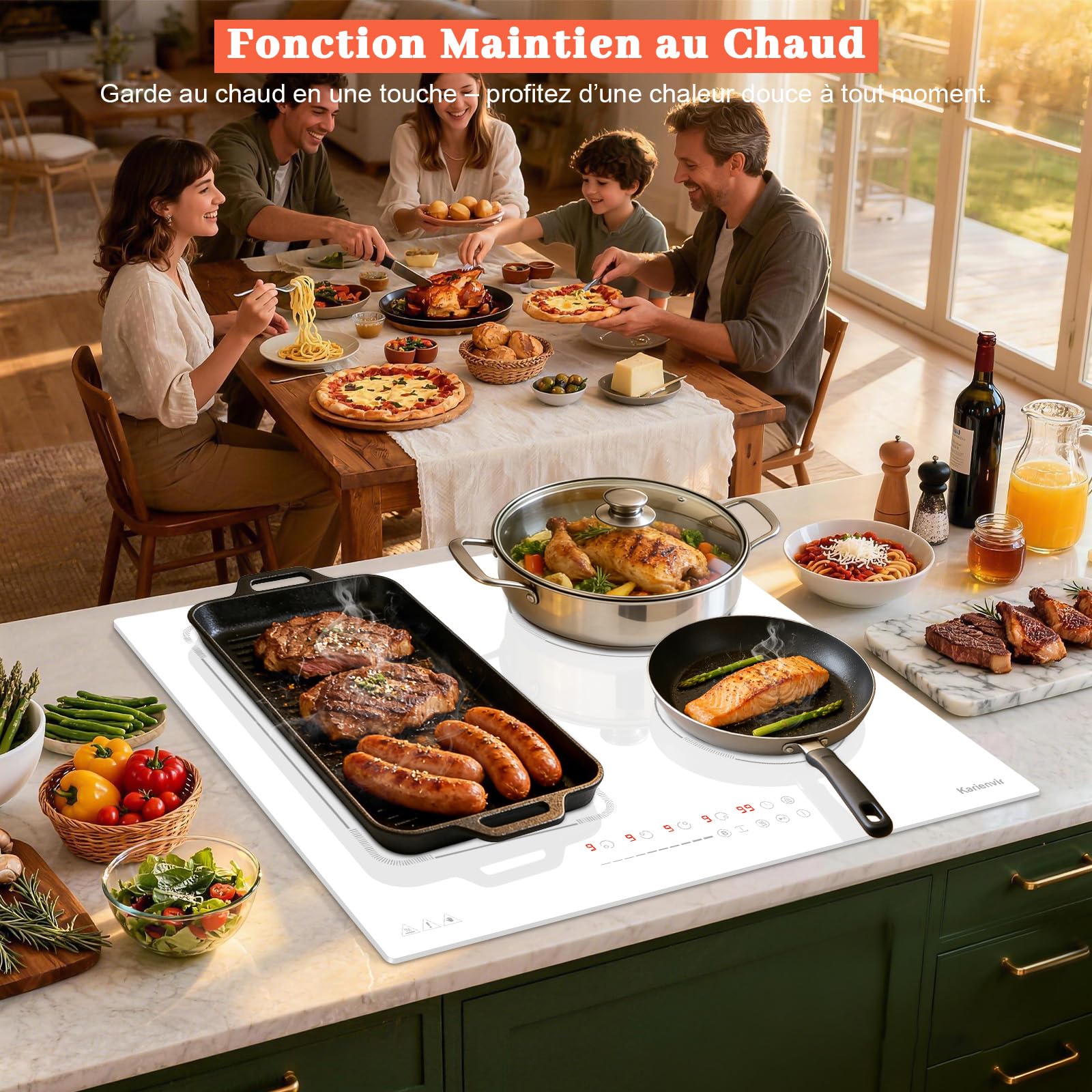 Plaque Induction 4 Feux Avec Prise, Plaque à Induction 60 cm Avec Boost, Zone Flexible, Verrouillage de Sécurité, Pause, Minuteur, Induction Blanche, 220-240 V, 3500 W
