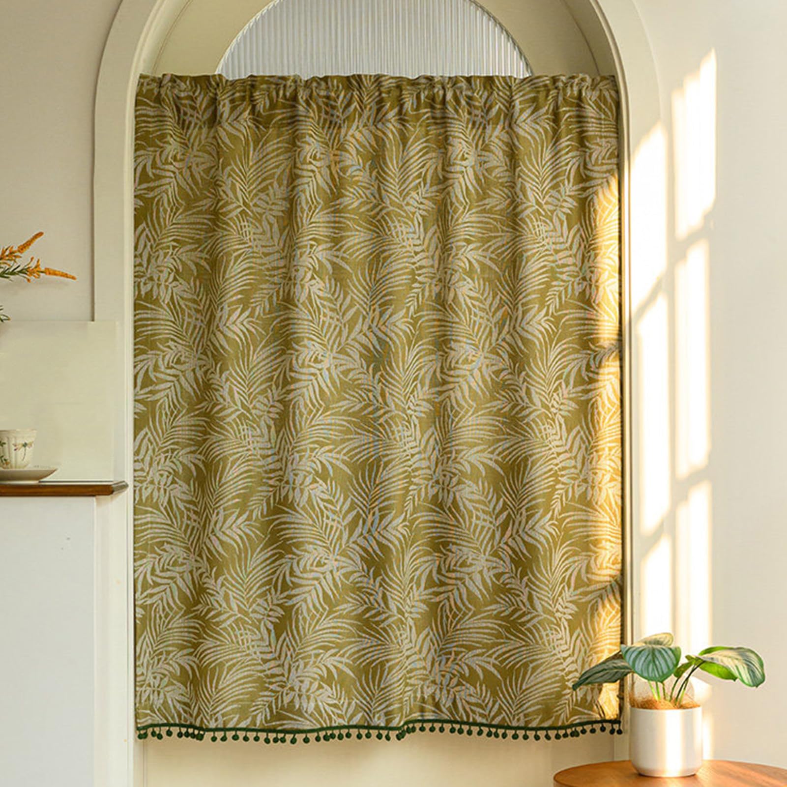 ZZYK Green Valances Curtains,Small Window Curtains for Living Room Bathroom Cafe Laundry Basement,Tassel Farmhouse Leaves Top Rod Pocket Washed Curtain,39" W x 47" L(Pack of 1)