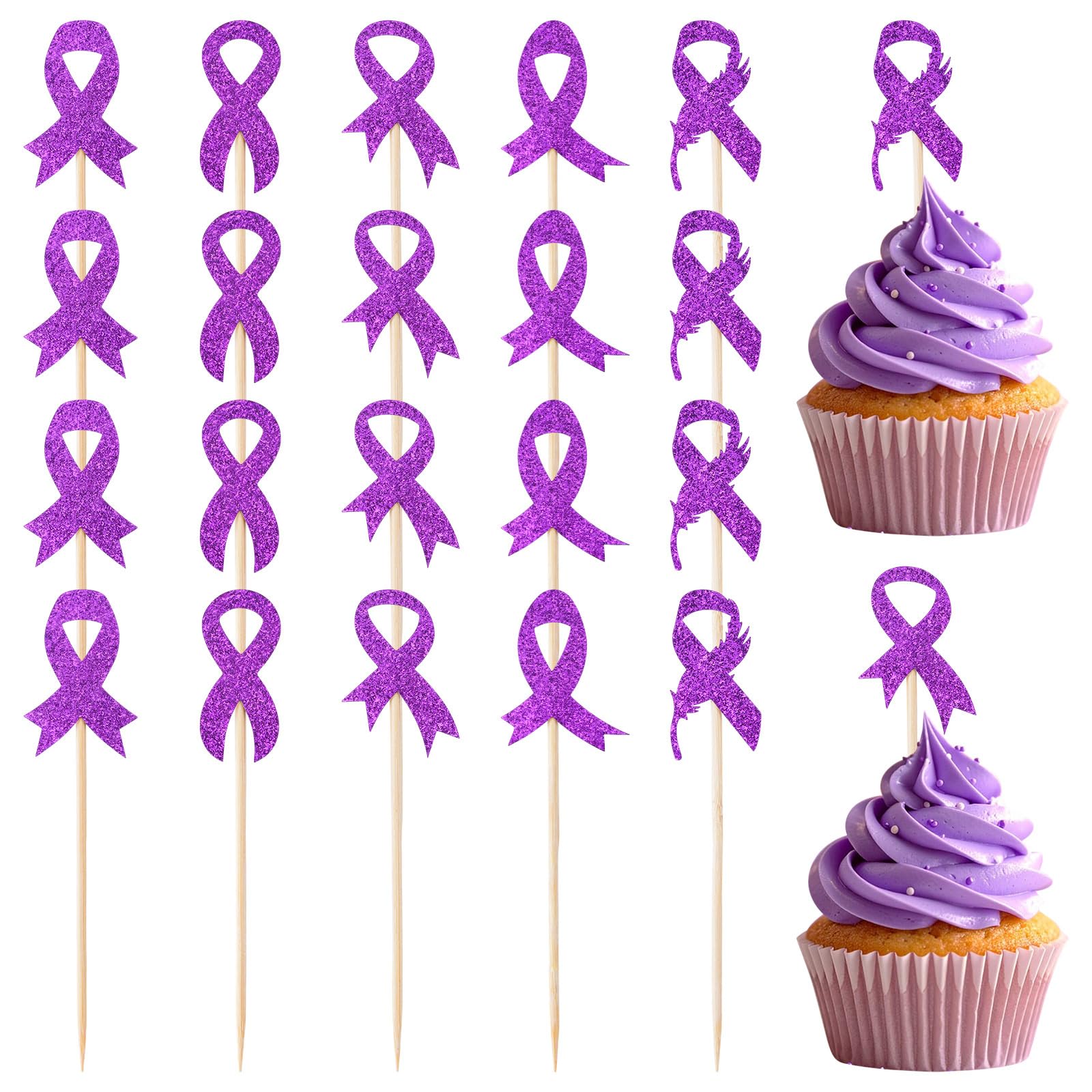 URROMA 50 PCS Purple Ribbon Cupcake Toppers,Domestic Violence Alzheimers Awareness Dessert Cake Picks for Happy Free Survivor Warrior Birthday Party Decor