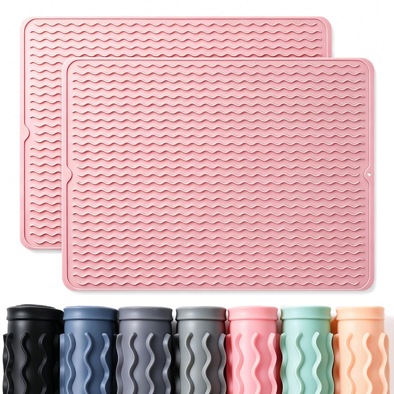 2 Pack Caketime Silicone Dish Drying Mat for Kitchen Counter Cooking Baking Liners Drawer Refrigerator Espresso Machine Station Utensil Holder Washer Trivets Oven Chef Gifts Extra Large 24"x18" Pink