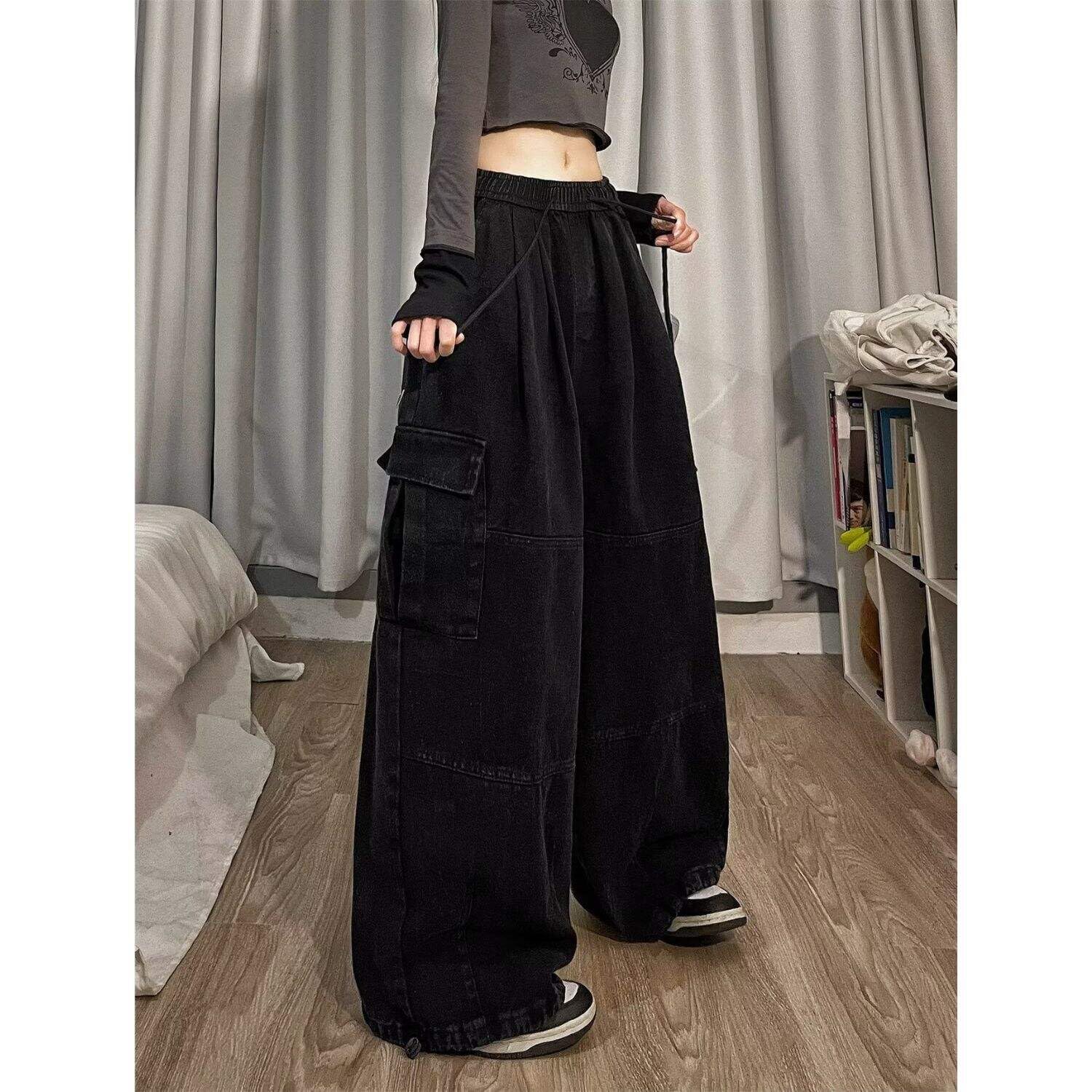 PEAINJ Baggy Cargo Pants for Women Men Y2k Wide Leg Sweatpants High Waisted Drawstring Pants Hip Hop Clothes: Style2 X-Small