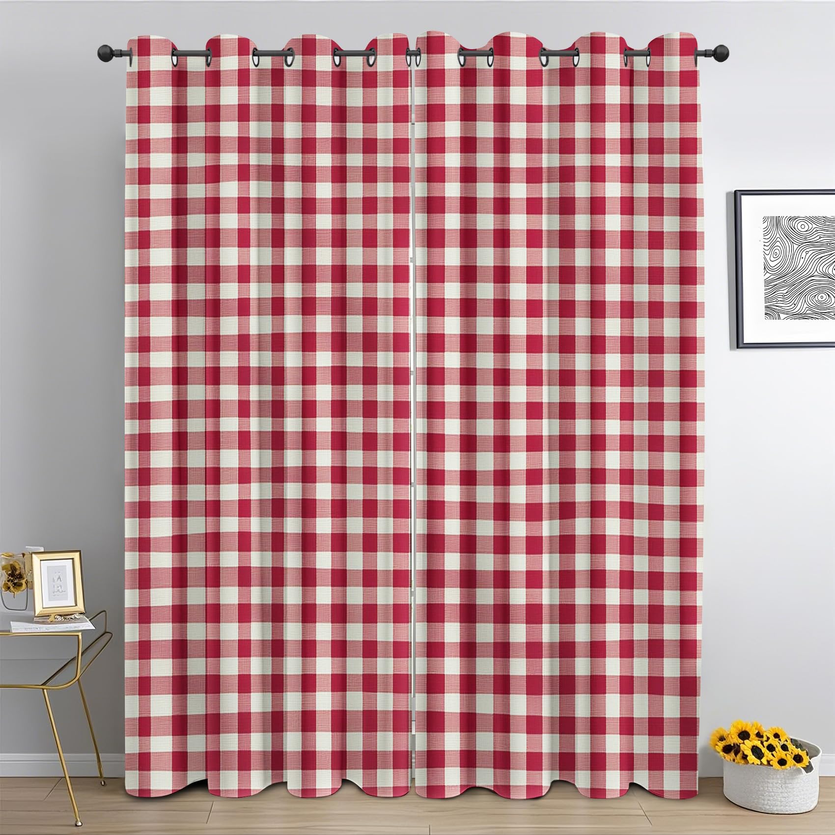Rideaux occultants à œillets vichy rouge et blanc pour chambre et salon cosy