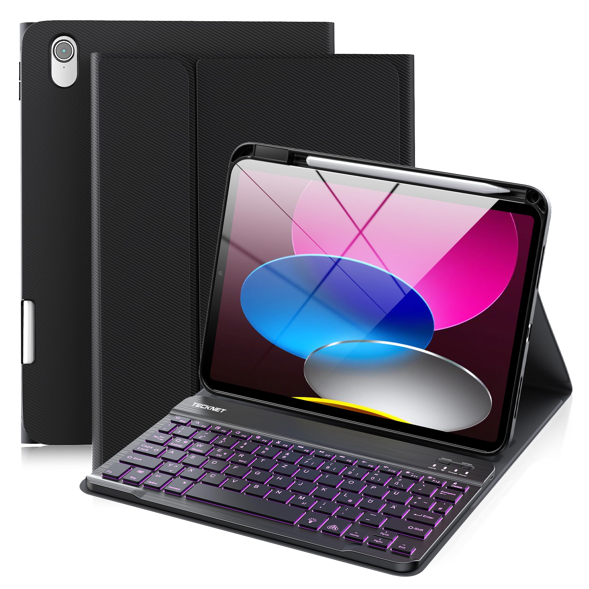 TECKNET Hülle mit Tastatur für iPad A16 11/10 Generation(2025/2022, 11/10.9 Zoll), 7 Farben Beleuchtete Magnetische Abnehmbare Keyboard QWERTZ, Schutzhülle mit Stifthalter für iPad 11./10., Schwarz