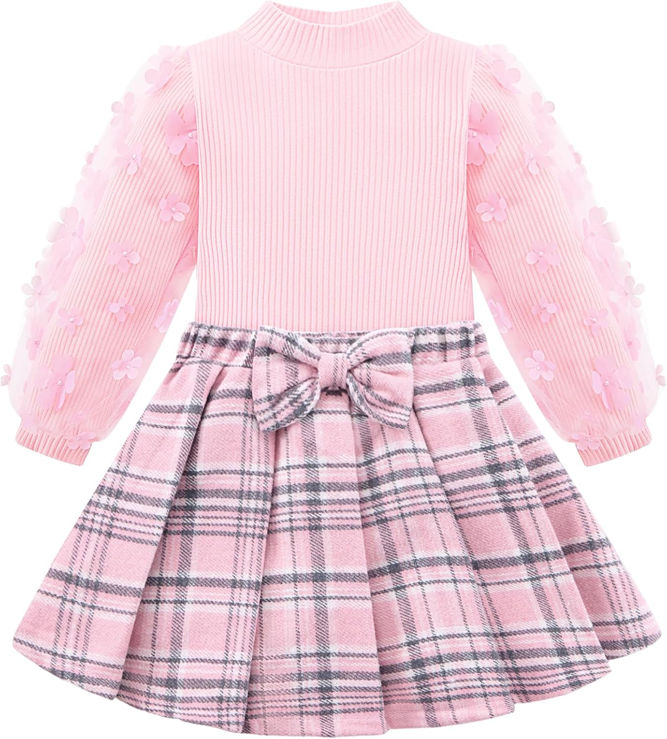 Toddler Girls Plaid Outfits Skirt Set Girl Fall Winter Clothes Puff Sleeve Knit Ribbed Sweatshirt Tops Plaid Skirt Set