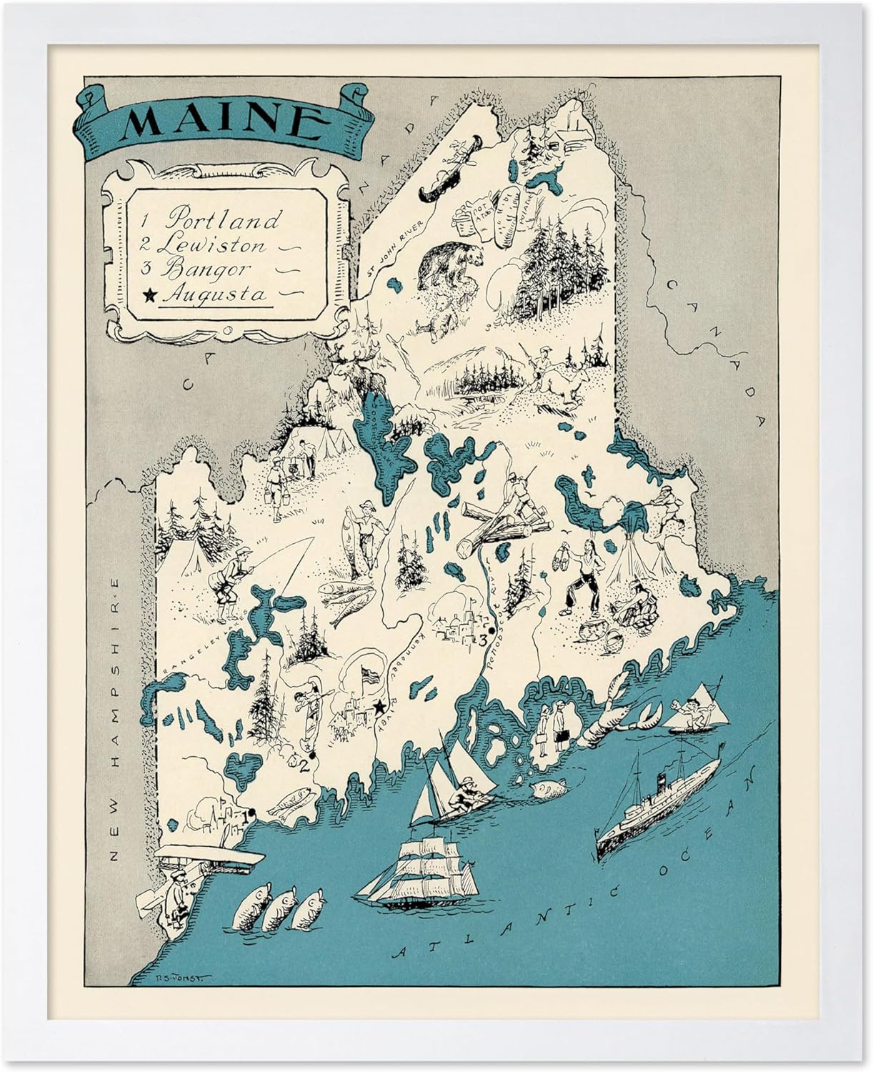 Poster Master Vintage Maine State Print - Retro Map Poster - Educational Art - Gift for Teacher, Student, Travel Lover - Wall Decoration for Classroom, Office, Dorm - 11x14 White Framed
