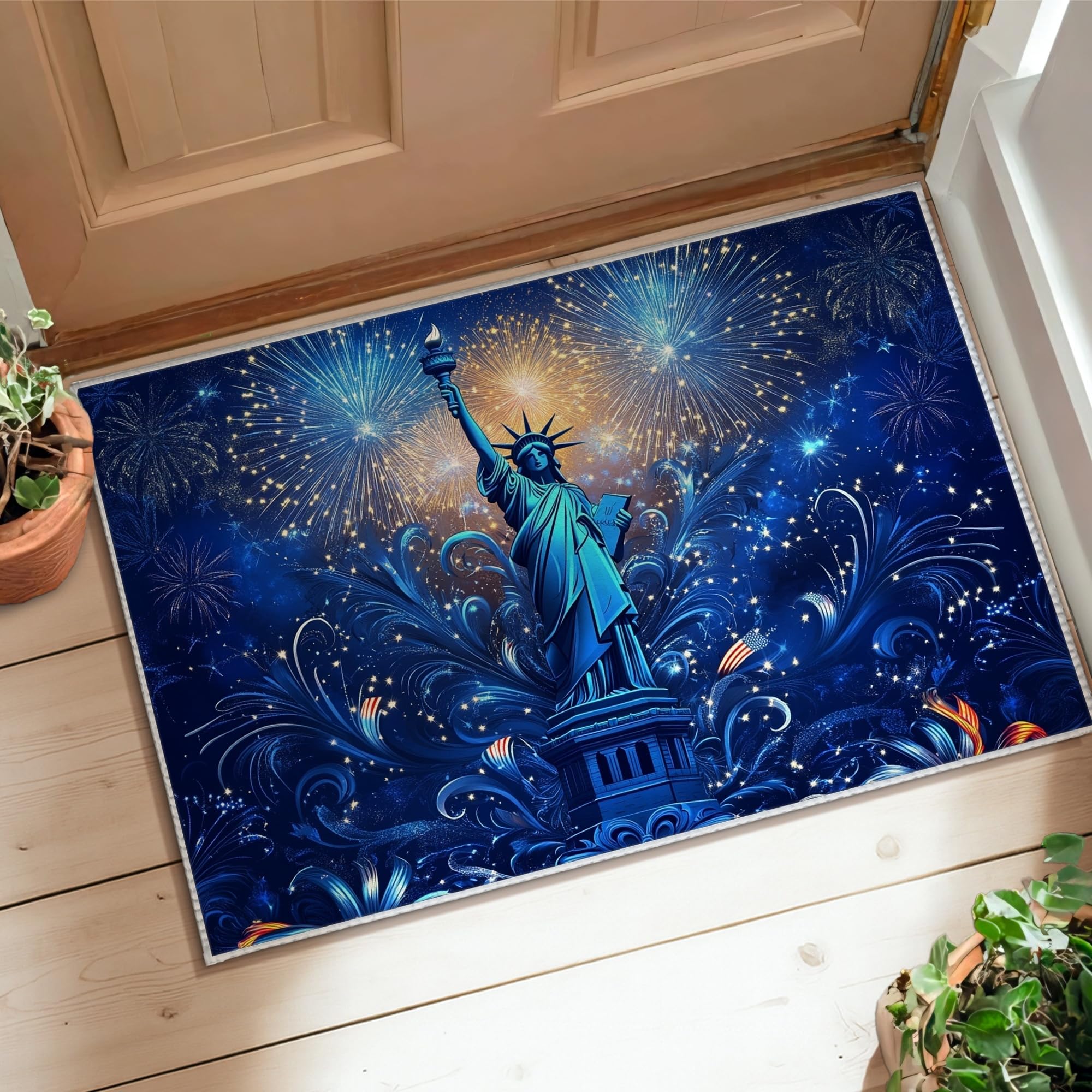 Tapis 4 juillet bleu rectangulaire en feutre de sapin et étoiles 60x90cm