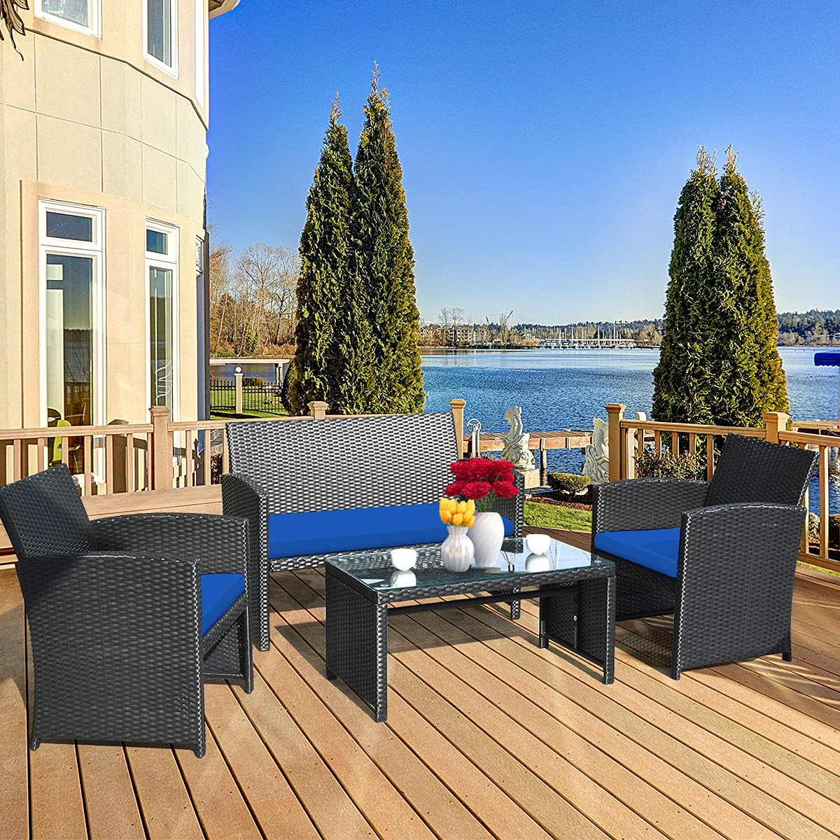 DORTALA 4 Pieces Patio Wicker Conversation Furniture Set, Outdoor Rattan Sofas with Bistro Sets with Coffee Table for Courtyard Balcony Wicker Chairs with Soft Cushion and Table, Navy