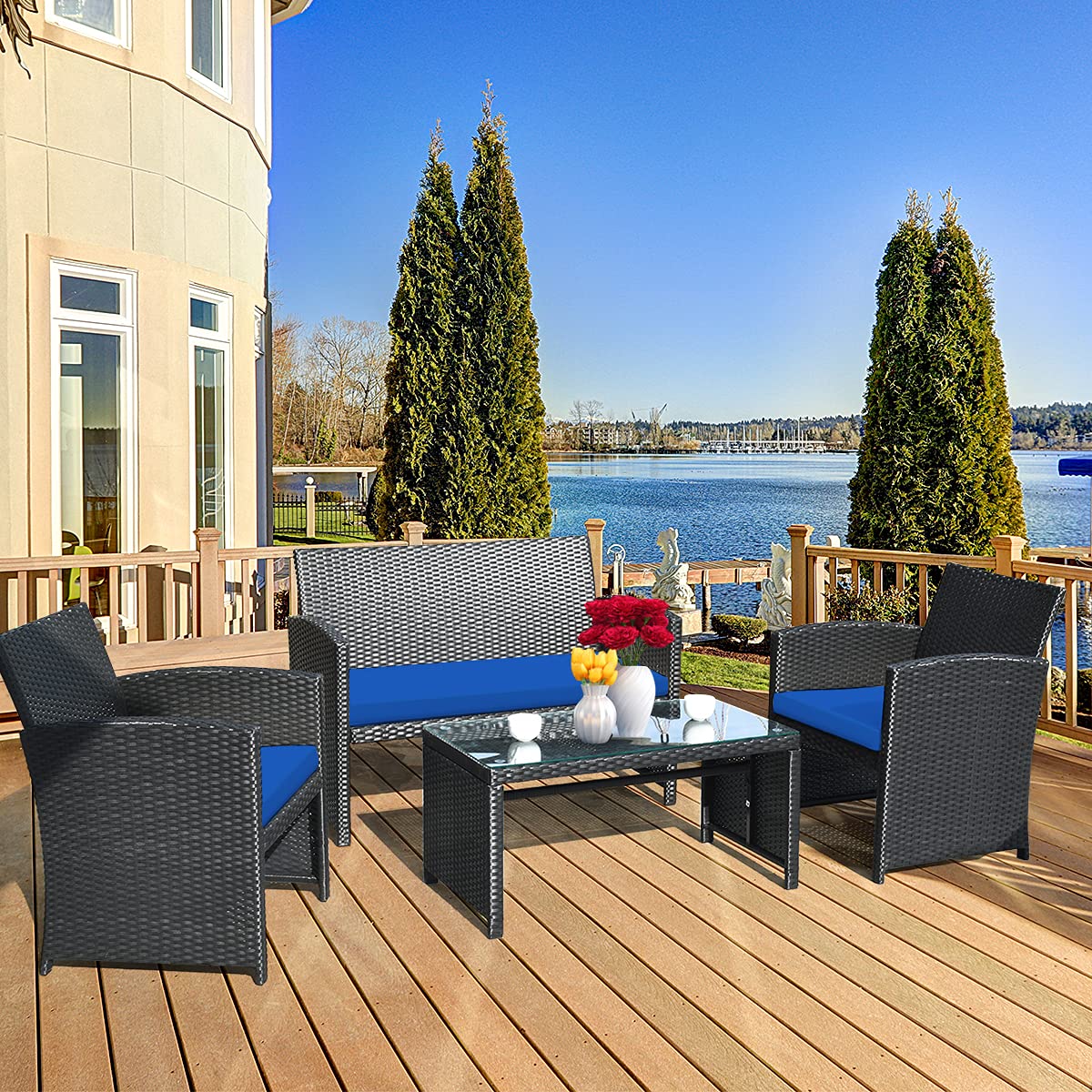 DORTALA 4 Pieces Patio Wicker Conversation Furniture Set, Outdoor Rattan Sofas with Bistro Sets with Coffee Table for Courtyard Balcony Wicker Chairs with Soft Cushion and Table, Navy