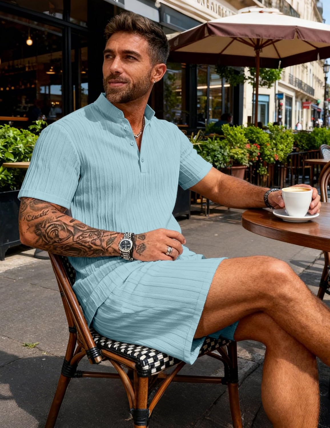 Bealin Men's Summer Beach Outfits 2 Piece Vintage Short Sleeve Henley Shirts and Shorts Vacation Texture Sets - Image 4