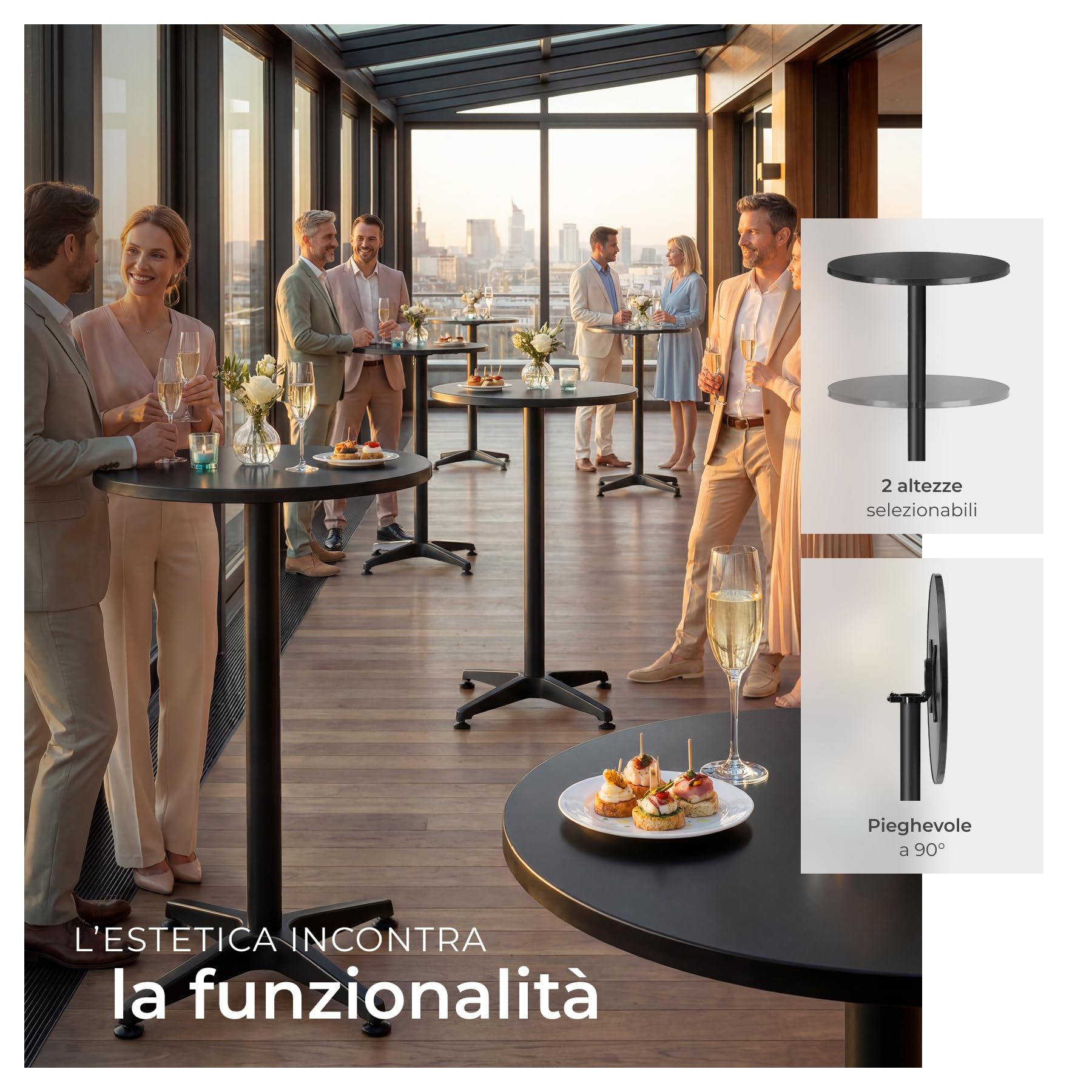tectake® Set x2 Tavolino da Bistrot 2in1 Ø60 cm, 2x Tavolo Alto o Tavolo Pranzo, 2 Altezze, Pieghevole, Struttura in Alluminio, Piano MDF, Capacità 60 kg, Base in Cemento - Nero