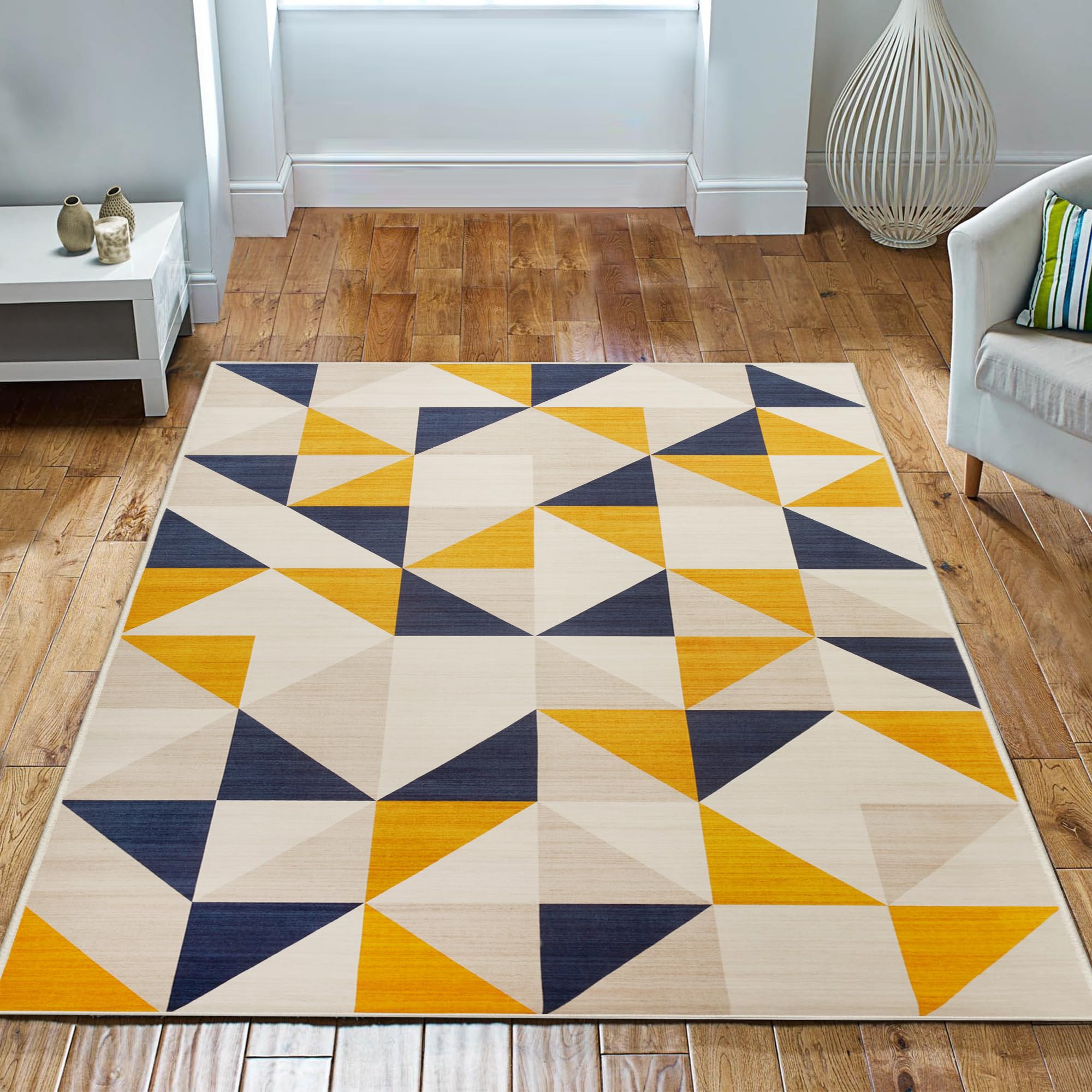Imperial Rooms Area Rugs for Bedroom - Rugs Living Room 120 x 170 Cm - Yellow Triangle Pattern Modern Floor Carpet Non Shedding Super Soft Rug Easy Care (Brio) โ image 1