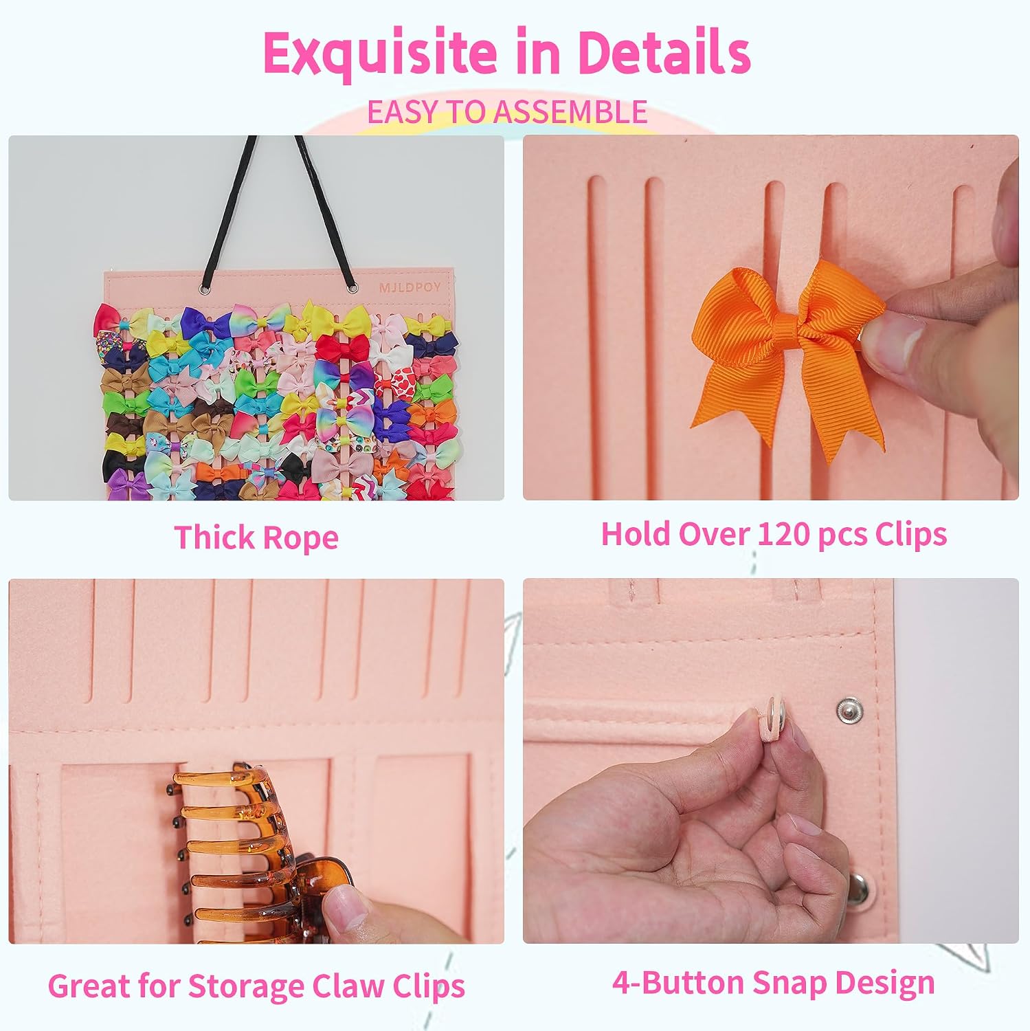 Hair Bow Organizer for Girls, Baby Hair Clips Holder Wall Hanging, Large Felt Bow Storage Display for Girls Hair Bows & Claw Clips, Ribbons, Headbands – Nursery Room Decor (Pink)