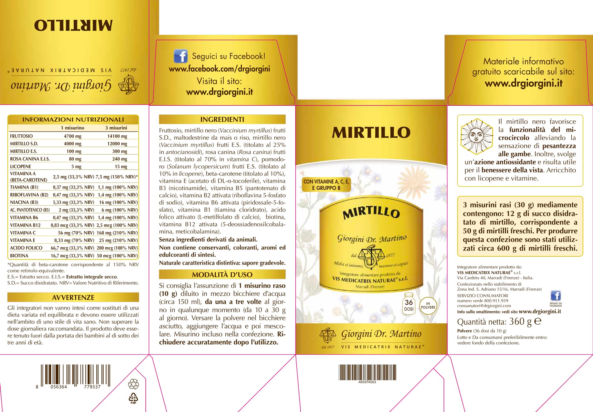 Dr. Giorgini - Dr Giorgini Mirtillo Polvere Integratore per Vista 360g - 981112307