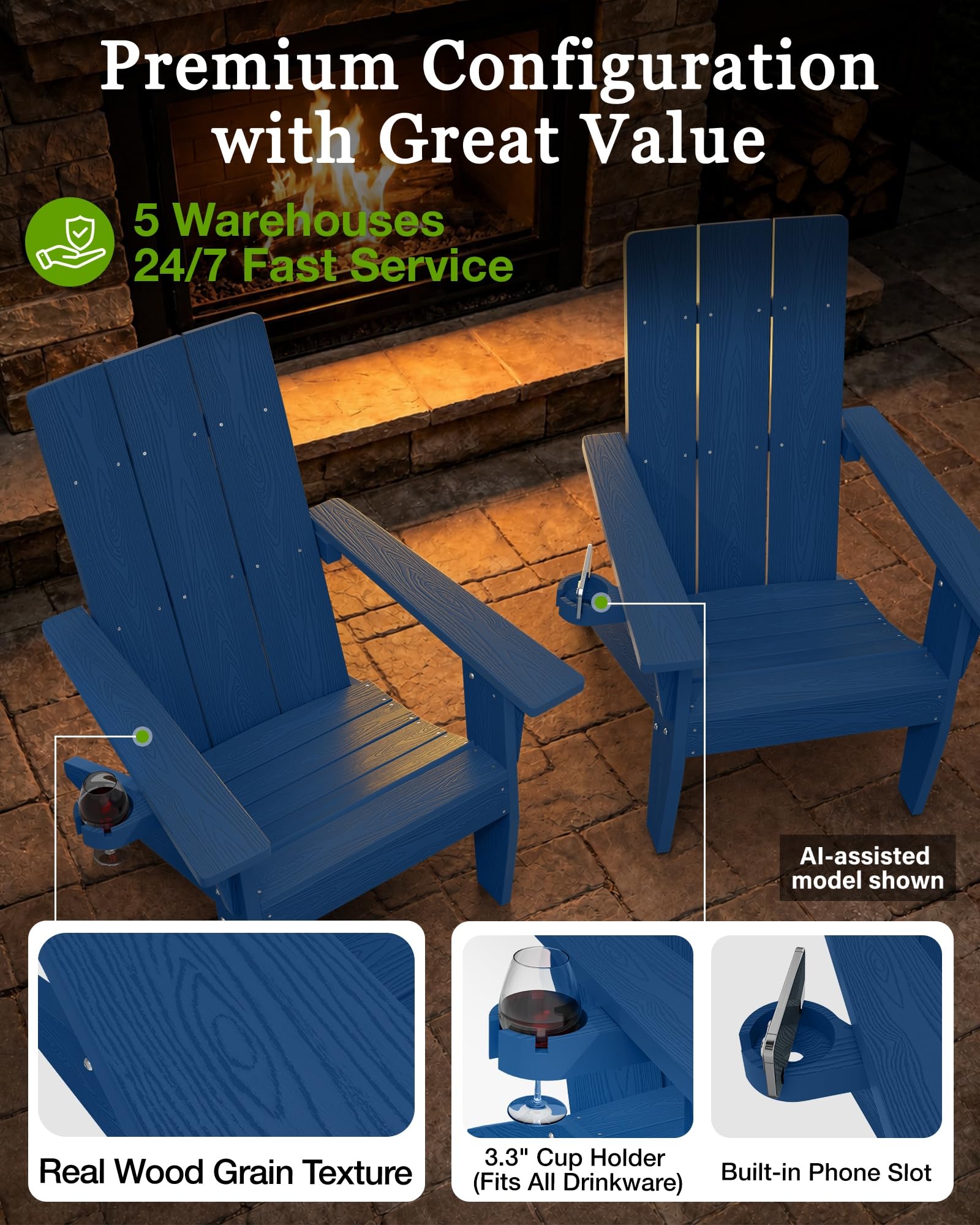 Adirondack Stuhl mit Getränkehalter für Outdoor Garten: Übergröße Adirondack Chair Kunststoff HIPS mit Getränkehalter - Adirondack Gartensessel Wetterfest für Balkon/Terrasse/Feuerstelle/Beach(Navy)