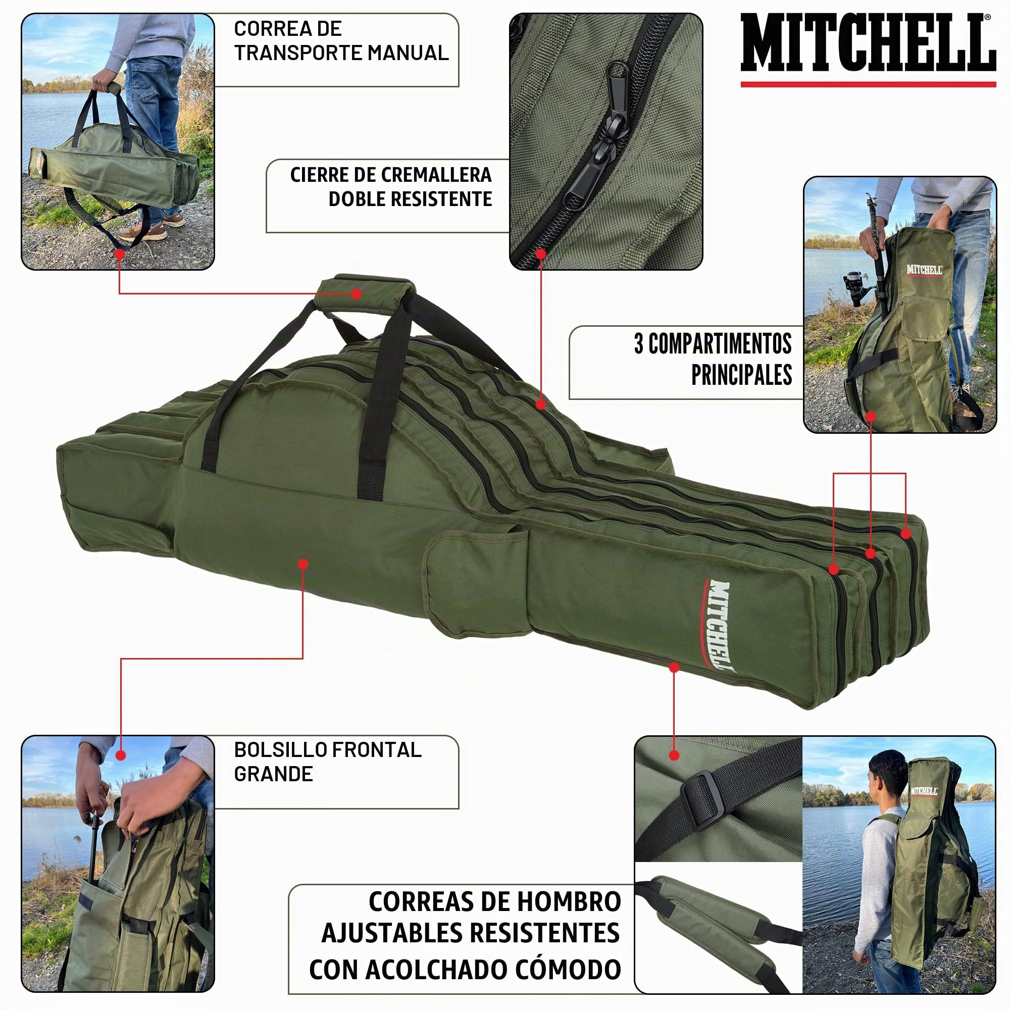 Mitchell GT Pro Bolsa para Cañas de Pescar y Accesorios | Bolsa de Pescador Resistente para Cañas, Carretes, Señuelos y Caja de Aparejos | Bolsillos Organizadores | Impermeable | Varios Tamaños
