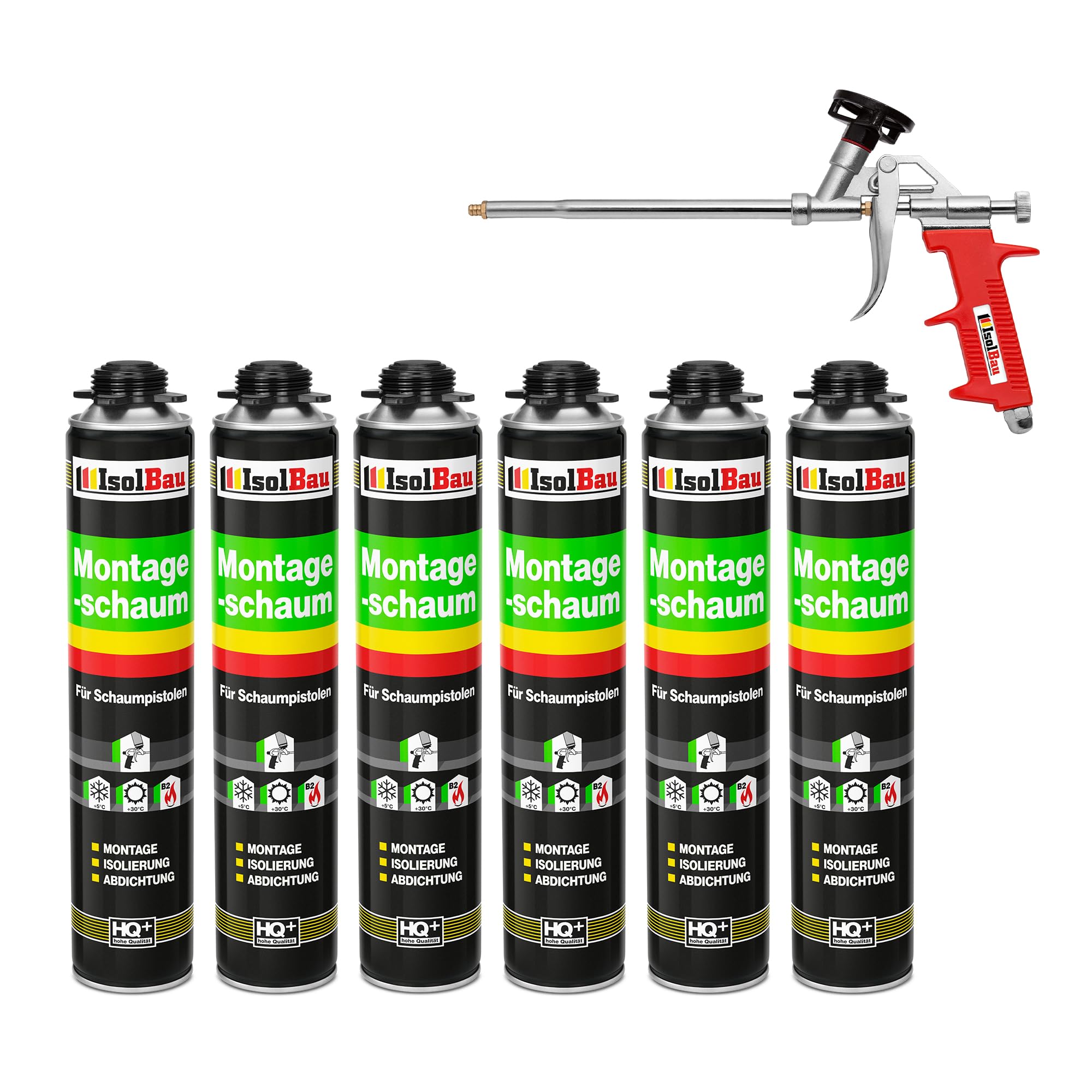 Isolbau Bauschaum-Set - Inkl. 6 x 1K Montageschaum B2 Pistolenschaum mit hervorragender Schall und Wärmedämmung (je 750 ml) & 1x Schaumpistole, Dämmen