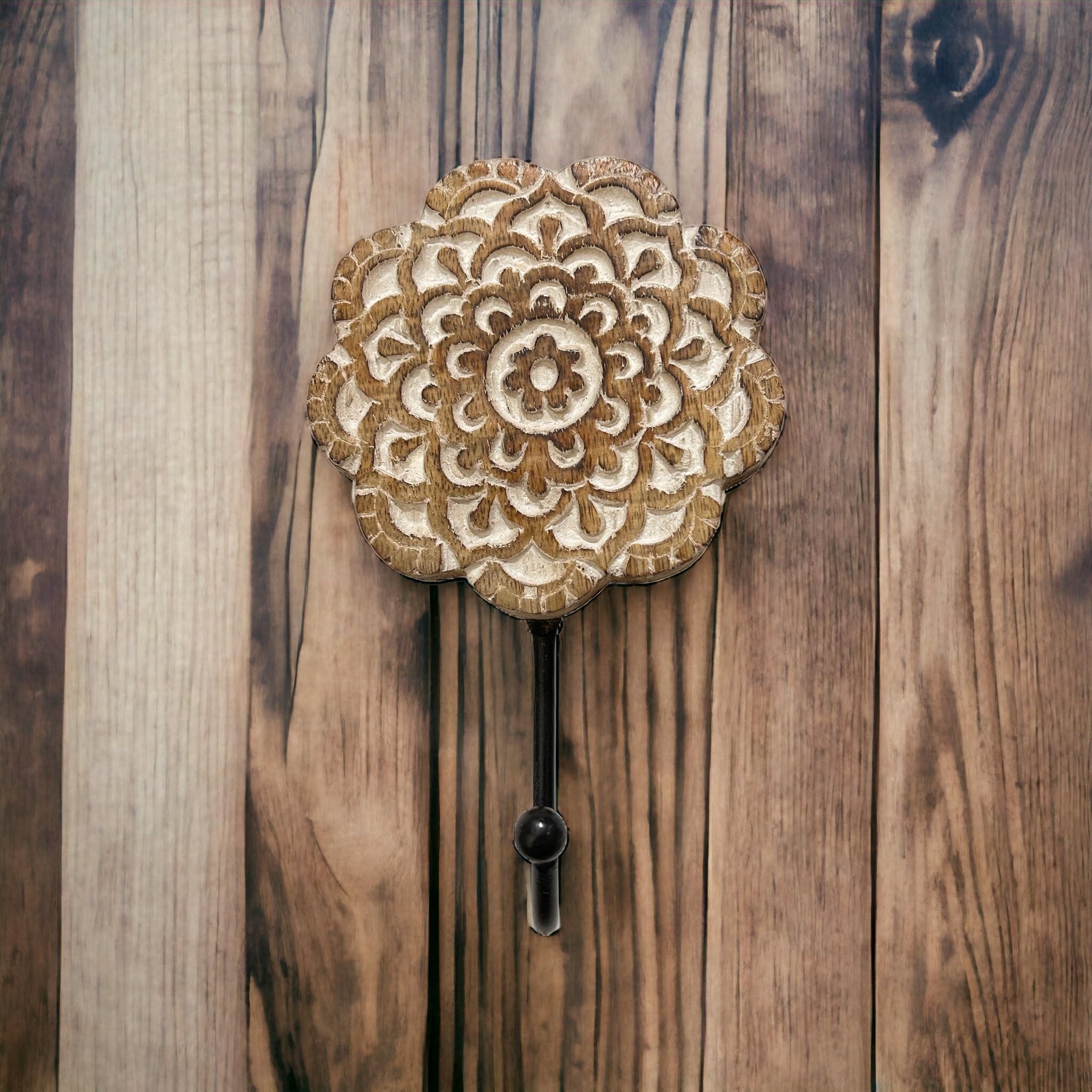 SB Arts Wooden Wall Hooks Decorative Mandala Art Boho Chic Hand Carved Heavy Duty Wooden Wall Mount Vintage for Hanging Coats Modern Wooden Key Hook for Purses Towels Keys Clothes Jewelry Hanger