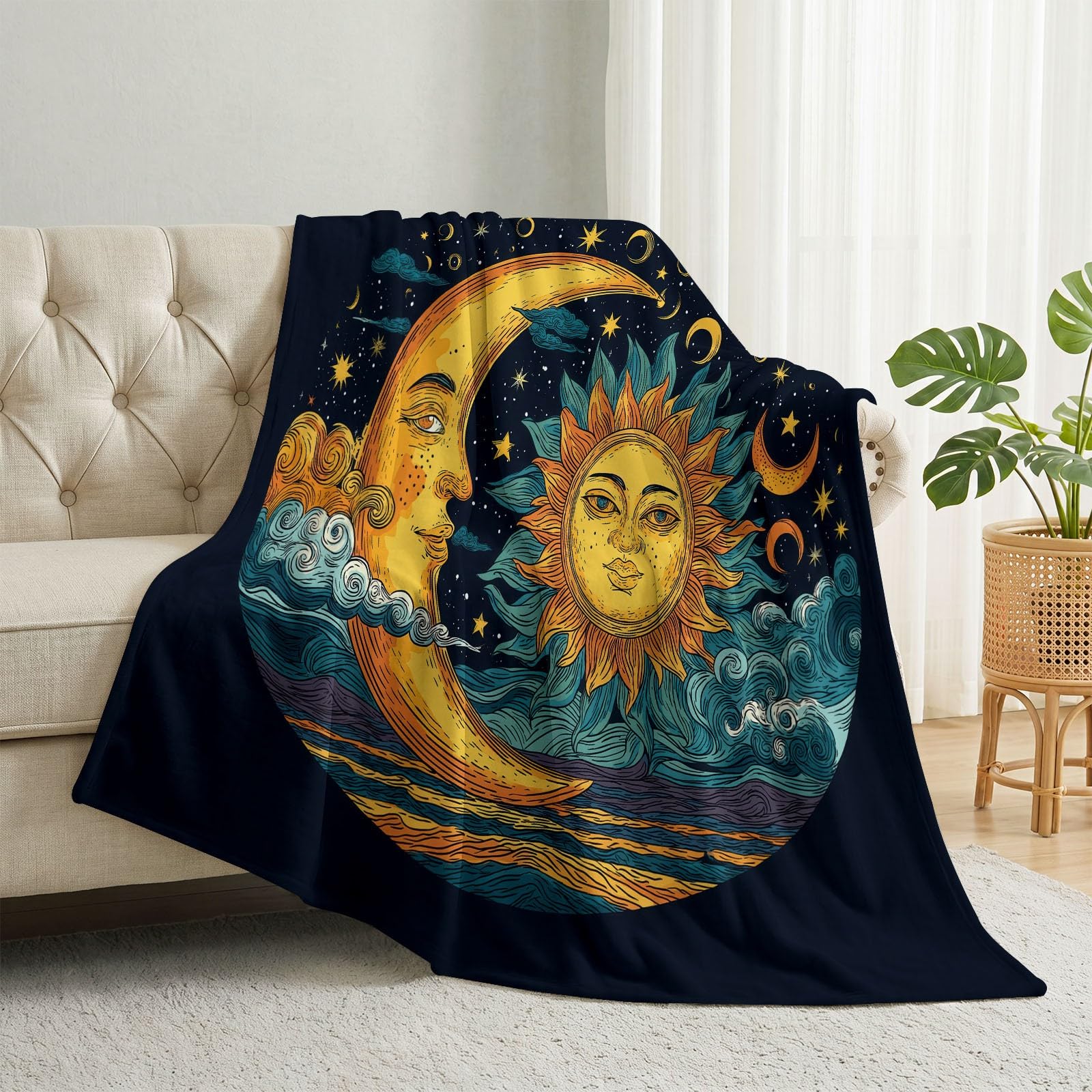 Jaune Bleu Flanelle Couverture, Vintage Bohème Douce Chaud Couvertures pour Adultes et Enfants, Soleil Lune Ciel Étoilé Hypoallergénique Épais Couverture lit pour Lit Chaise Canapé, 150 x 200 cm