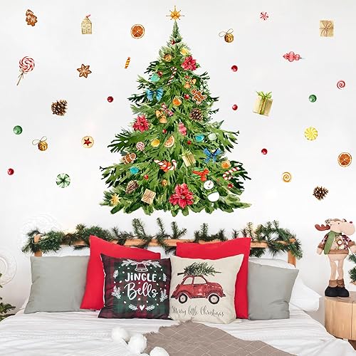 Miniatura 3 de Cholemy Calcomanías grandes de pared para árbol de Navidad de 59 x 47 pulgadas, calcomanías de acuarela extraíbles para árbol de Navidad,