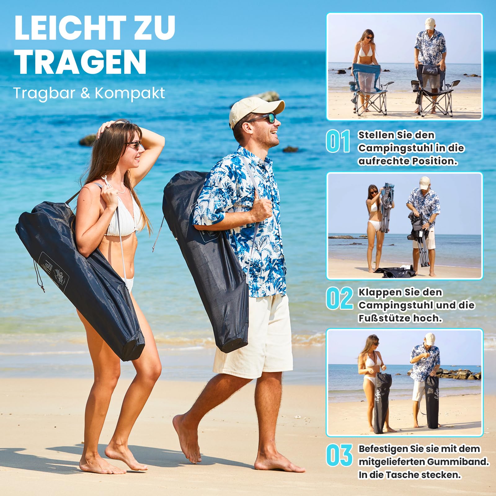 #WEJOY 2-in-1 Campingstuhl Faltbar 180kg mit Fußstütze,Strandstuhl mit 4-Fach Verstellbarer Rückenlehne, Liegestuhl Relaxsessel Liege mit Getränkehalter,Campingstuhl für Camping Outdoor Schwarz/Grau