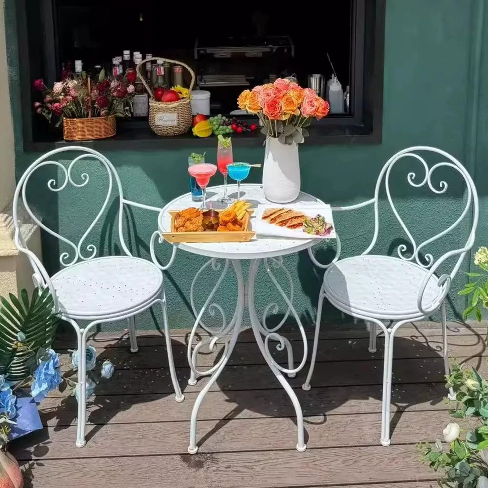 Set da bistrot da esterno in metallo, 3 pezzi, mobili da giardino in ferro per patio, balcone e portico anteriore, tavolo e sedie blu compatto per piccoli spazi, perfetto per pranzare e rilassarsi