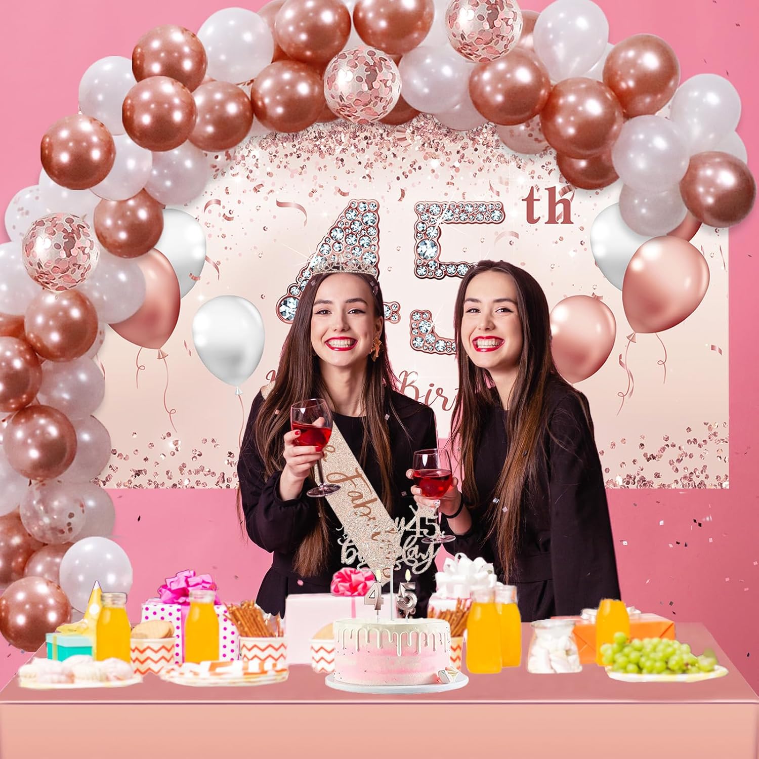 Trgowaul 45th Birthday Decorations Balloon Set Women Arch, Rose Gold 45th Birthday Banner and Party Tablecloth, Belt and Tiara, Pink Gold 45th Balloon, Cake Topper, Latex Balloon * 60