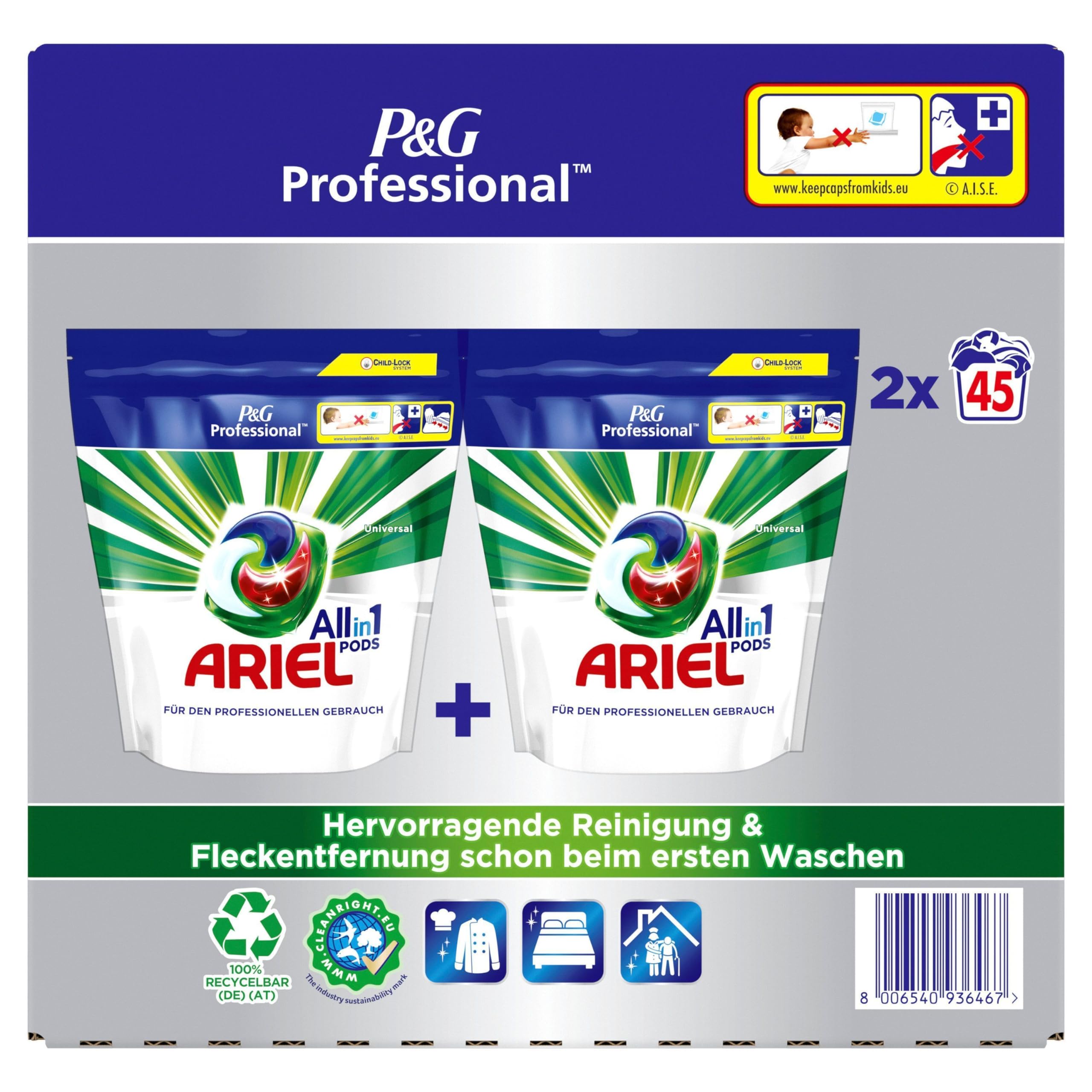 Ariel Professional All-In-1 Pods Regulär Waschmittel, 90 Waschladungen (2 x 45 Kapseln), Waschpods, professionelle Wäschepflege, ausgezeichnete Fleckentfernung ab der ersten Wäsche