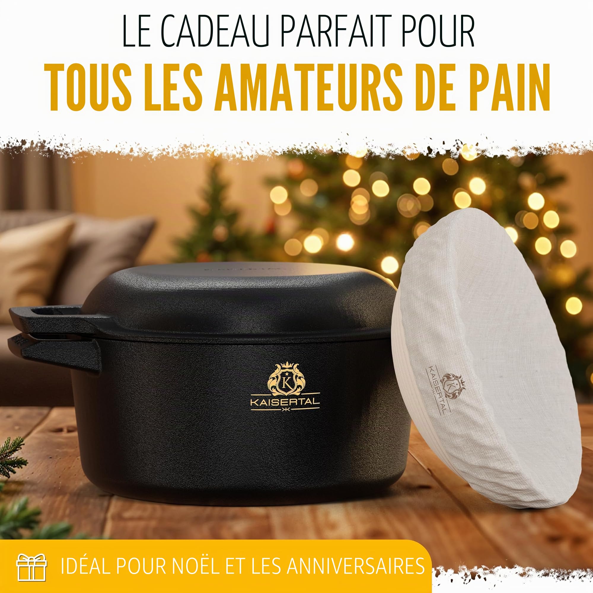 KAISERTAL Casserole en fonte de 26 cm avec panier de fermentation – Moule à pain en fonte – Pot à pain avec couvercle – Casserole en fonte comme accessoire de cuisson du pain, casserole à pain