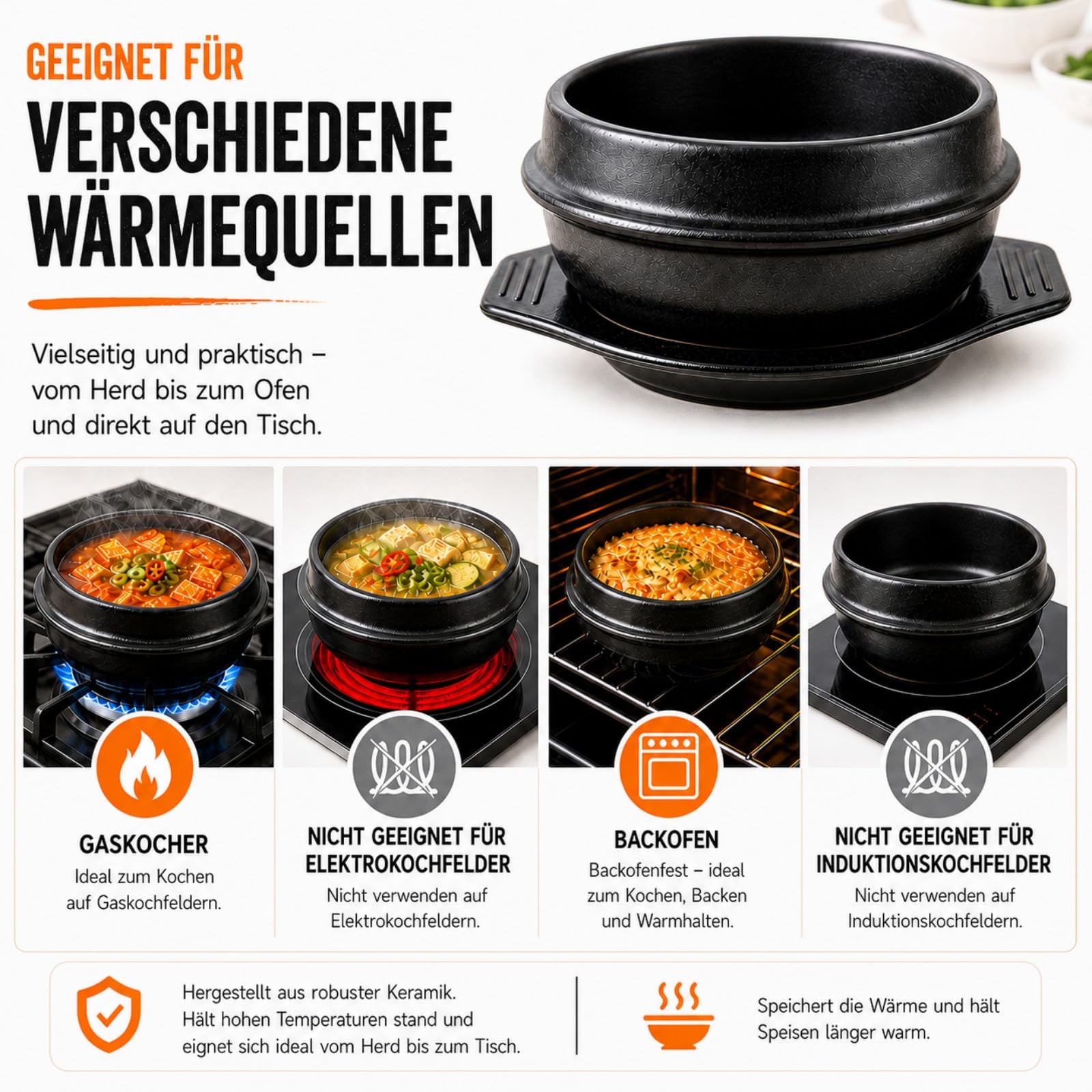 XICHENGSHIDAI Dolsot Bibimbap Steingut Schüssel, koreanischer Kochsuppe Keramiktopf, Donabe Topf für Ttukbaegi und koreanischen Eintopf mit Tablett 1500ml