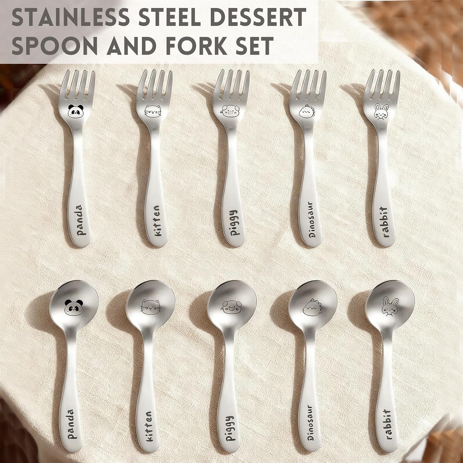 Stainless Steel Dessert Spoon and Fork Set - 2pcs Mini Utensils for Espresso, Ice Cream, Dessert, and More Available in Dinosaurs, Pandas, Rabbits, Cats, and Pigs (Pandas) image 2
