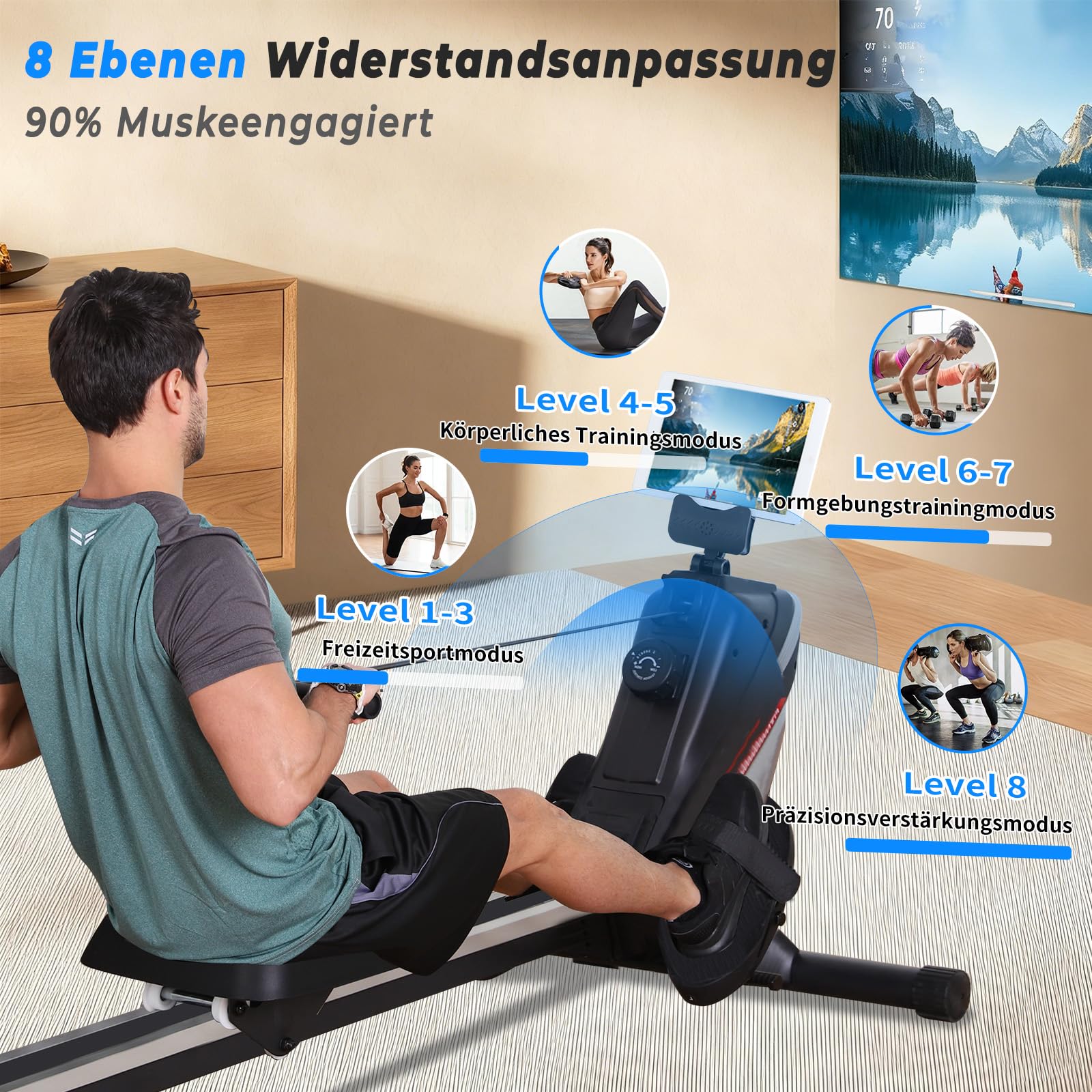 ISE Rudergerät für Zuhause, Magnetisches rudergerät mit APP & LCD-Display & 8 Widerstandsstufen, Magnetisches Rudergerät,Leise Rudermaschine für Cardio-Training,Indoor-Gerät für das Home-Gym