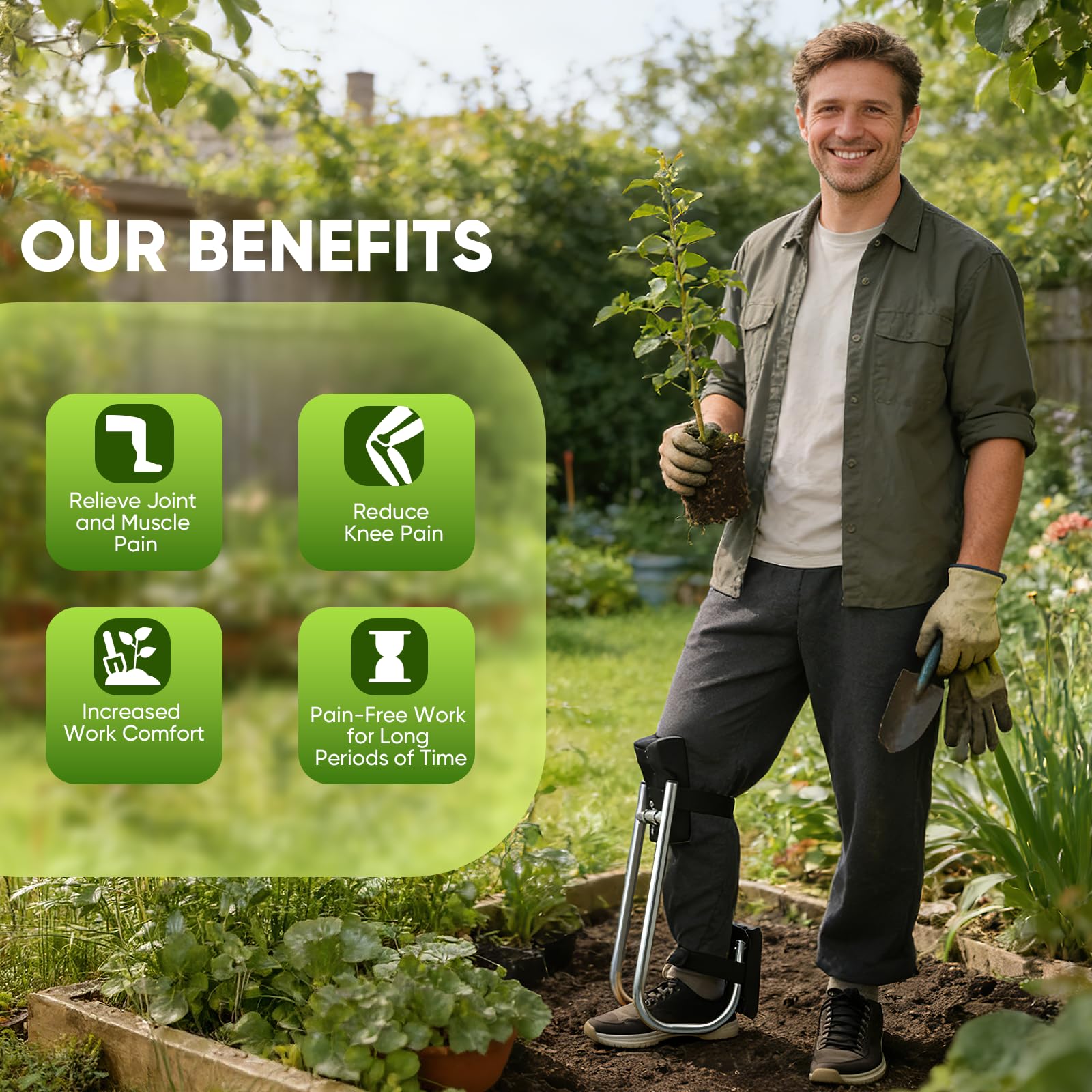 Ginocchiera per giardinaggio, portatile sulla gamba, con telaio in acciaio e cinghie regolabili, ginocchiere per giardino, costruzione e posa di piastrelle, supporto ergonomico per alleviare