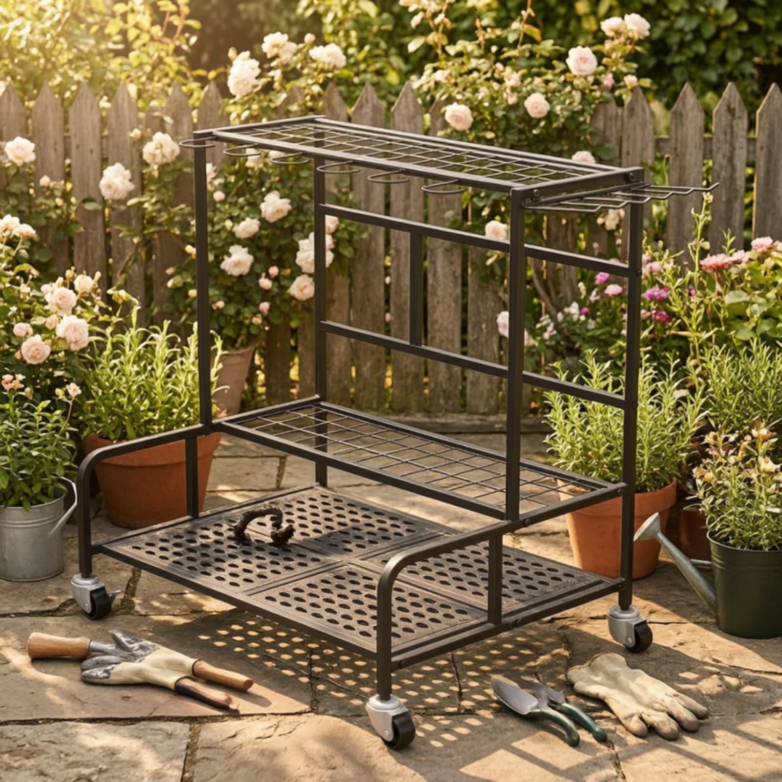 Organizador Herramientas Jardín con Ruedas Móvil Organizador Herramientas Jardín Estable Estantería para Aficionados Al Bricolaje, Garaje