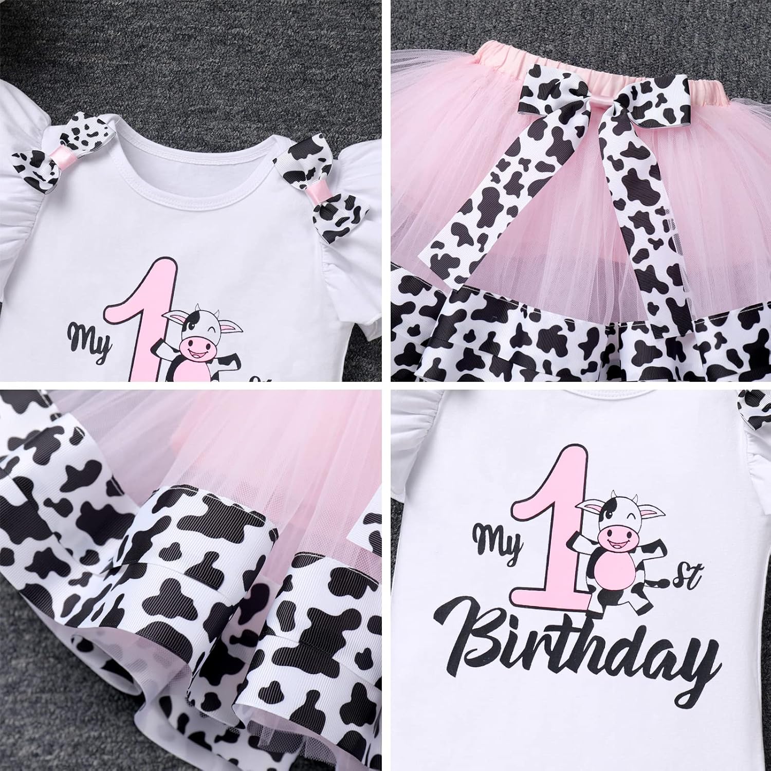 IBTOM CASTLE Cake Smash Outfit Baby Girls 1st Birthday Cows Farm Princess Romper+Tutu Skirt+Headband Clothes Set Photo Props - Image 6