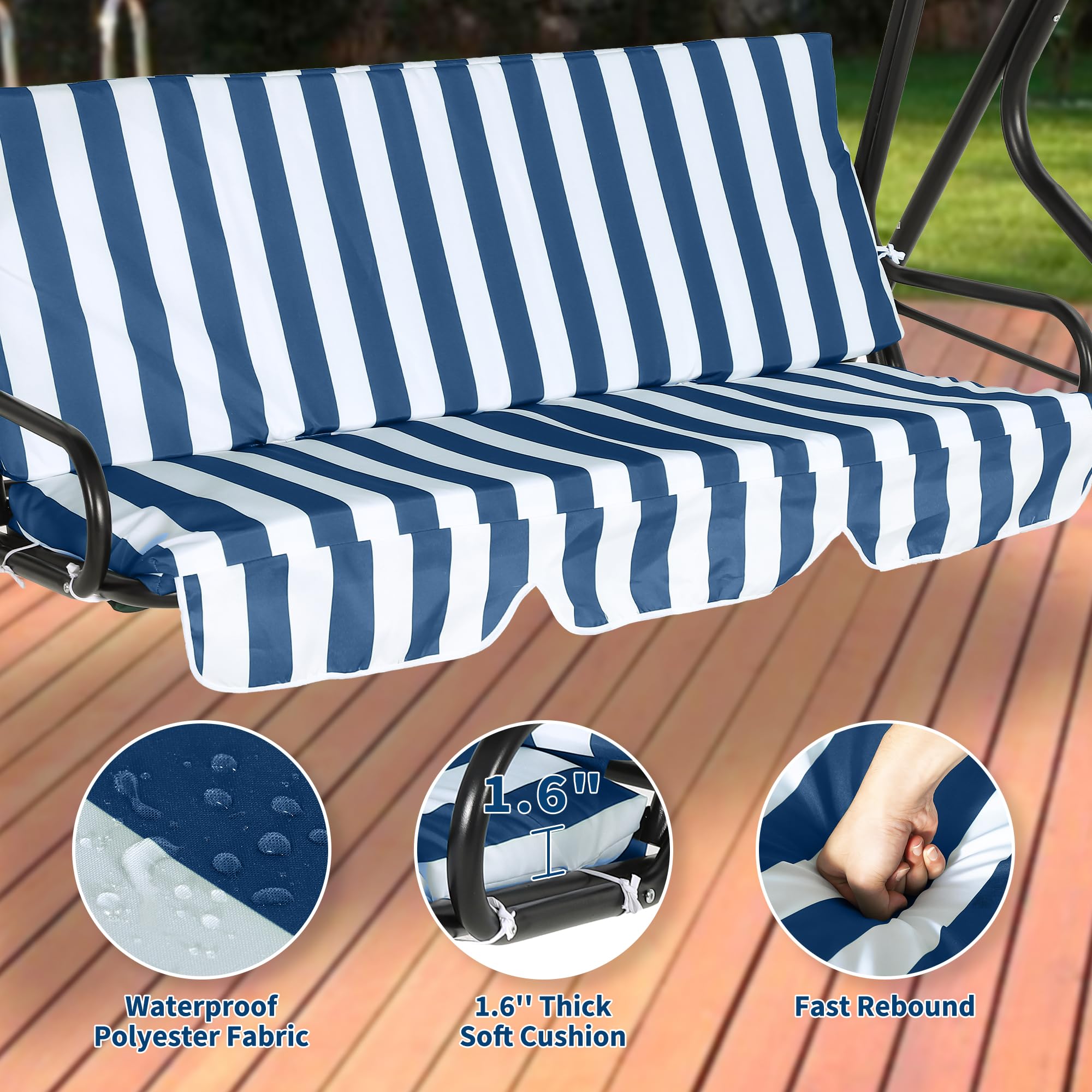Balancelle de Jardin 3 Places avec auvent Inclinable,Balançoire de jardin 3 Personnes Extérieur avec Coussins et Dossier épais rembourrés,Cadre acier,pour Jardin,Terrasse,Piscine(Bleu)