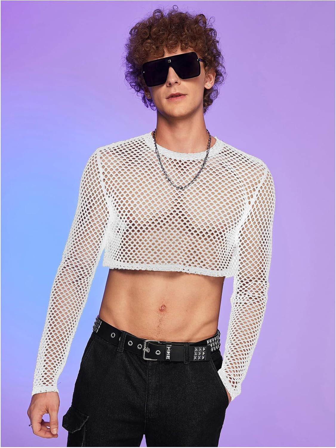 WDIRARA Men's See Through Fishnet Mesh Long Sleeve Sheer Crop Tops Party Club Top - Image 4