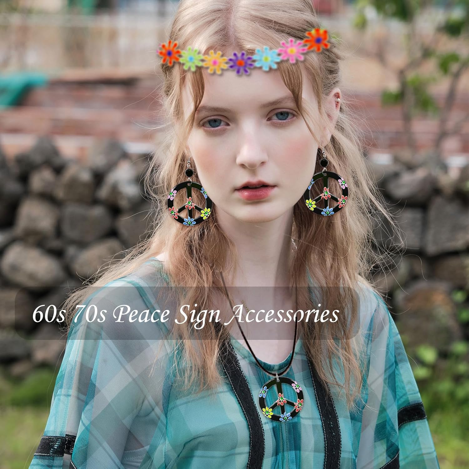 Hippie Costume Accessories for Women Peace Sign Earrings Necklace Flower Headband Sunglasses 60s 70s Accessories - Image 2