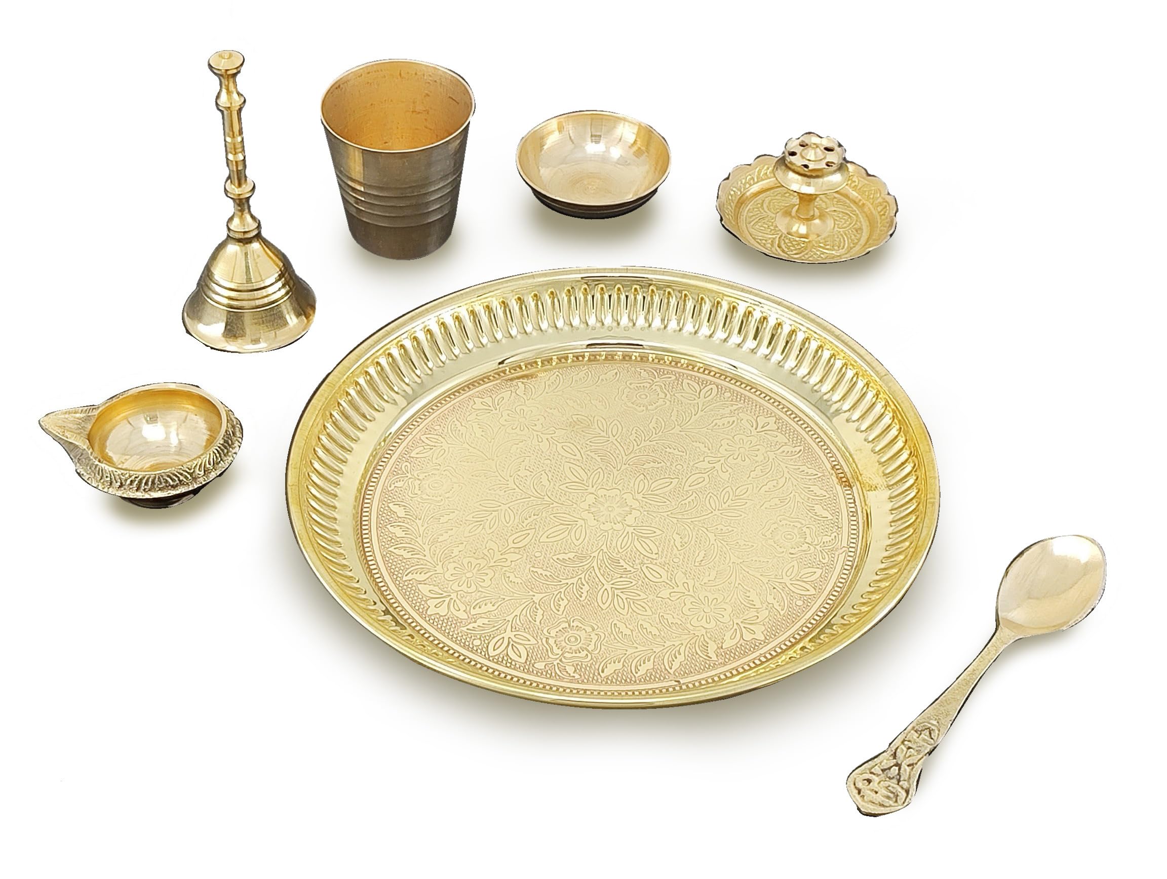 BENGALEN Brass Pooja Thali Set Small 6 Inch Puja Thali with Pital Plate Chandan Wati Kalash Kuber Diya Ghanti Palli Arti Thali for Diwali Home Office Mandir Wedding Return Gift Items 1
