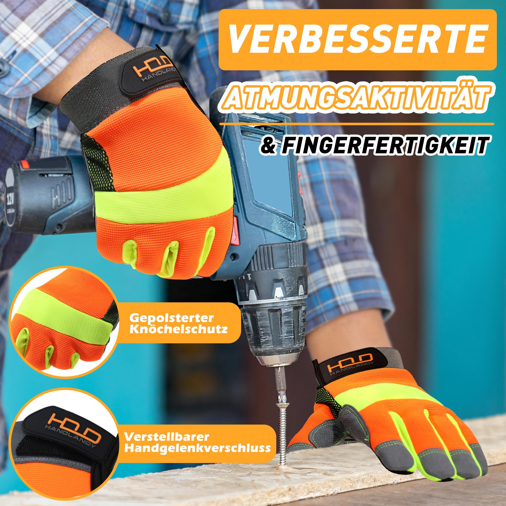 HANDLANDY 6 Paar Anti-Vibrations-Handschuhe, hochsichtbare reflektierende Sicherheits-Arbeitshandschuhe, Touchscreen, flexible Spandex-Rückseite, Anti-Vibrations-Handschuhe (L, Orange)