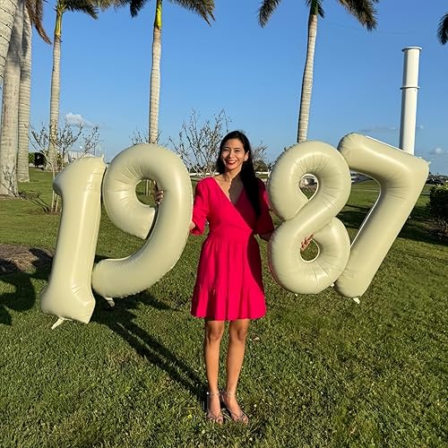 Miniatura 7 de Globos color crema de 40 pulgadas con números grandes del 0 al 9, globos autoinflables de helio con el número 0 de arena blanca para niños y niñas,