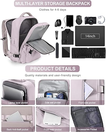 Miniatura 7 de VGCUB Mochila grande de viaje para trabajo, negocios, mochila para computadora portátil aprobada para vuelo, para mujeres y hombres, mochila de